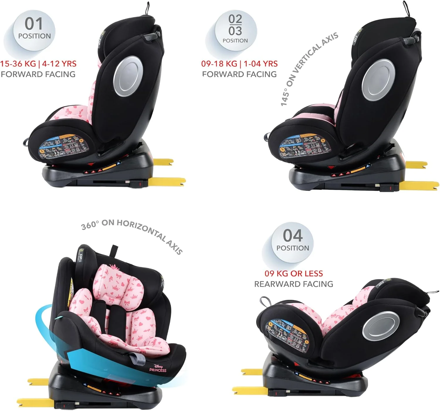 صندلی ماشین کودک/بچه گانه دیزنی پرنسس 4 در 1 با چرخش 360 درجه و قابلیت تنظیم 4 حالته، دارای سیستم ISOFIX و محافظت از ضربه جانبی، مناسب برای نوزادان 0 ماهه تا 12 ساله، گروه 0+/1/2/3، تا 36 کیلوگرم (محصول رسمی دیزنی)
