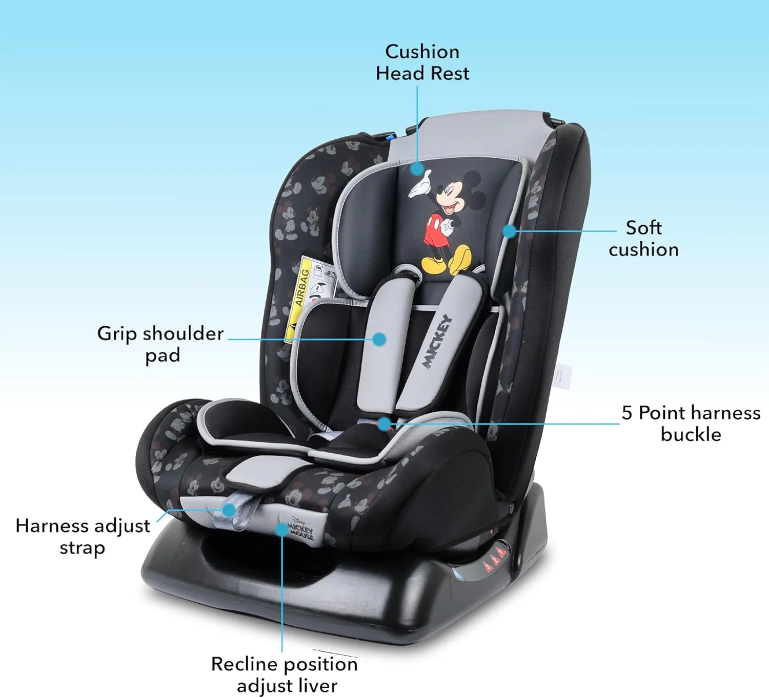 صندلی ماشین کودک دیزنی میکی موس Trucare FZC، 3 در 1، دارای 4 حالت تنظیم زاویه خواب، مناسب از 0 ماهگی تا 6 سالگی، گروه 0+/1/2، تا 25 کیلوگرم، چند رنگ