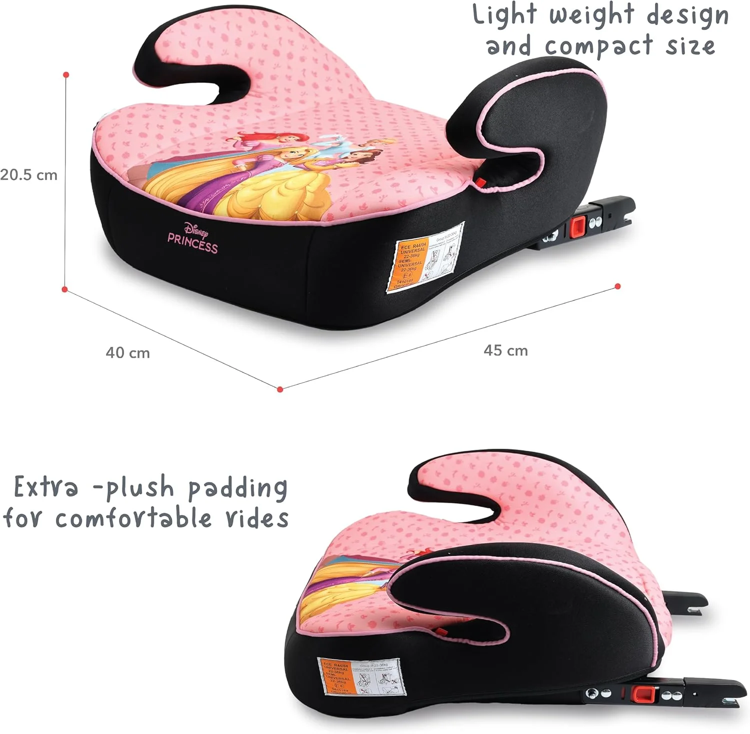 صندلی بوستر کودک دیزنی پرنسس، دارای زیر دستی، نصب ایزوفیکس، مناسب برای همه خودروها، پایه پهن و نرم، مناسب برای کودکان 4 تا 12 سال، گروه 2/3، محصول رسمی دیزنی، چند رنگ