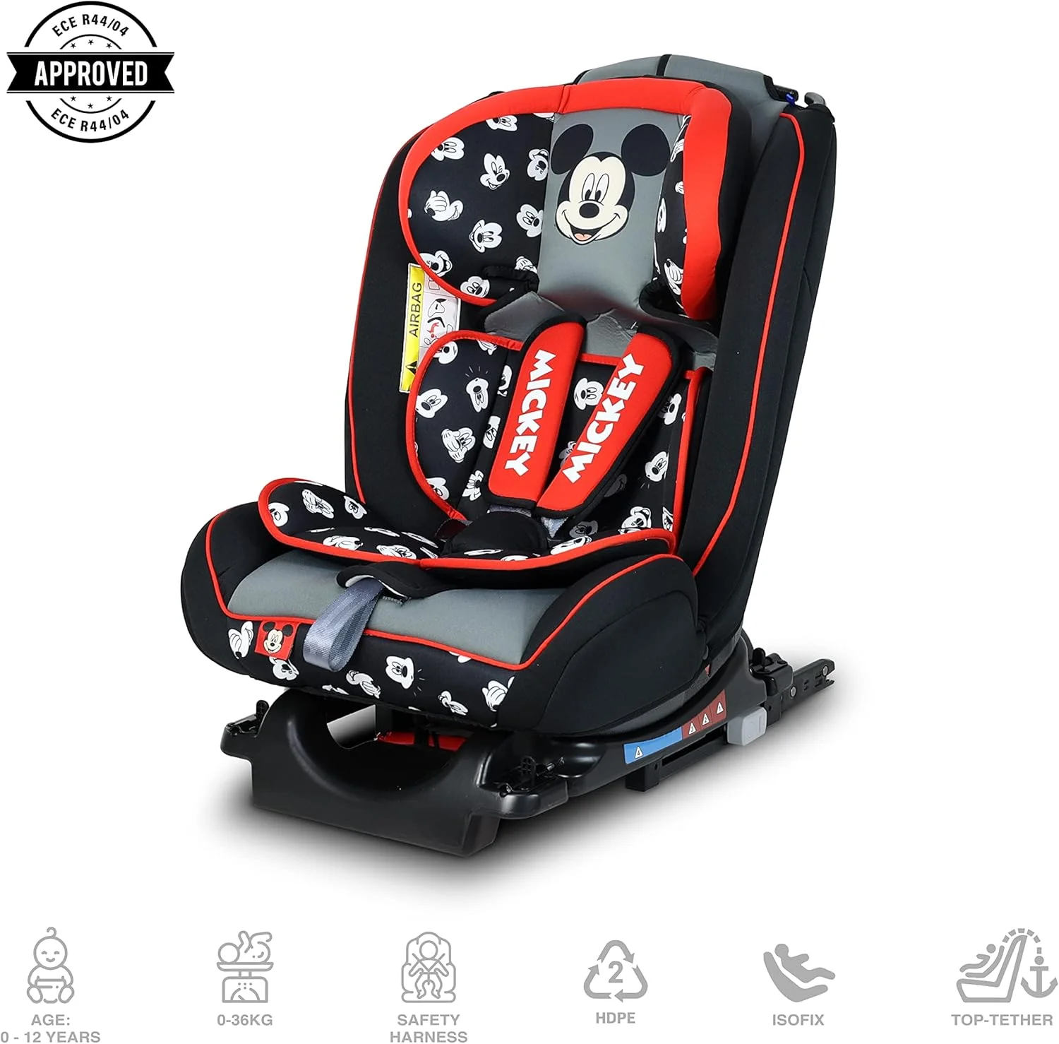 صندلی ماشین کودک دیزنی میکی موس 4 در 1 - دارای 4 حالت تنظیم زاویه خواب - دارای ISOFIX برای ثبات - مناسب از 0 ماهگی تا 12 سالگی (گروه 0+/1/2/3)، تا 36 کیلوگرم (محصول رسمی دیزنی)