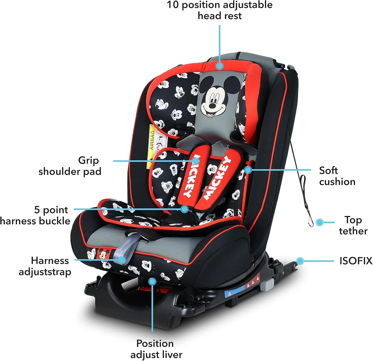 صندلی ماشین کودک دیزنی میکی موس 4 در 1 - دارای 4 حالت تنظیم زاویه خواب - دارای ISOFIX برای ثبات - مناسب از 0 ماهگی تا 12 سالگی (گروه 0+/1/2/3)، تا 36 کیلوگرم (محصول رسمی دیزنی)
