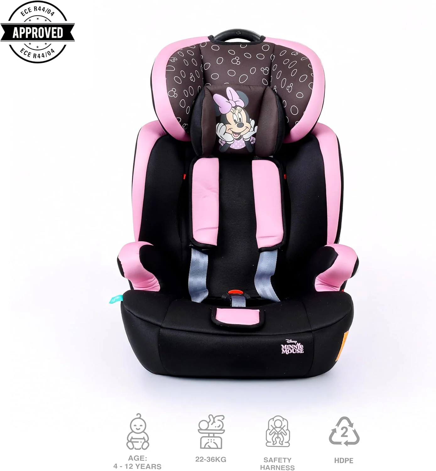 صندلی ماشین کودک دیزنی مینی موس 3 در 1 + صندلی تقویتی - پشتی قابل تنظیم - محافظت اضافی - مناسب از 9 ماهگی تا 12 سال (گروه 1/2/3)، تا 36 کیلوگرم (محصول رسمی دیزنی)