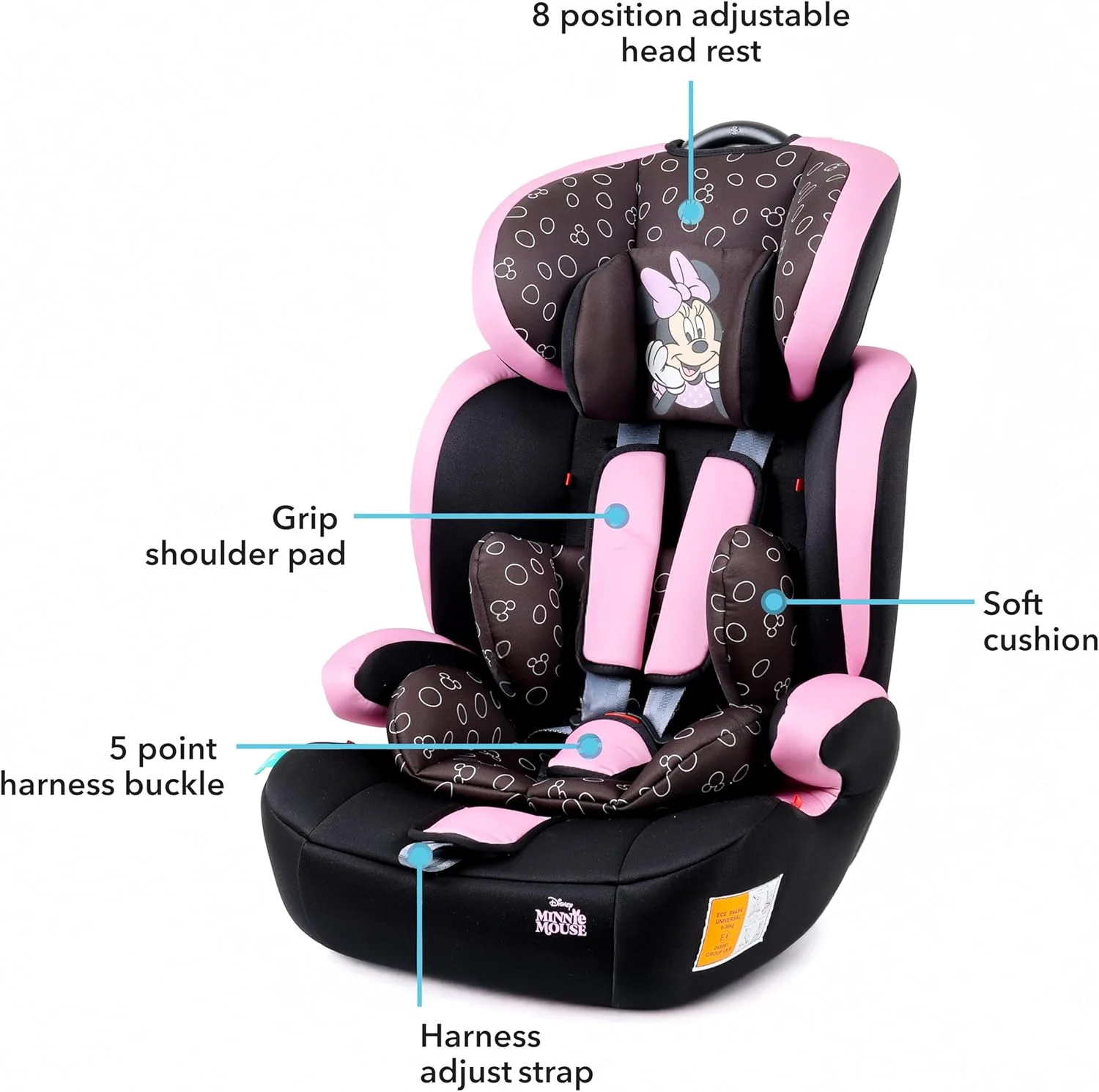 صندلی ماشین کودک دیزنی مینی موس 3 در 1 + صندلی تقویتی - پشتی قابل تنظیم - محافظت اضافی - مناسب از 9 ماهگی تا 12 سال (گروه 1/2/3)، تا 36 کیلوگرم (محصول رسمی دیزنی)
