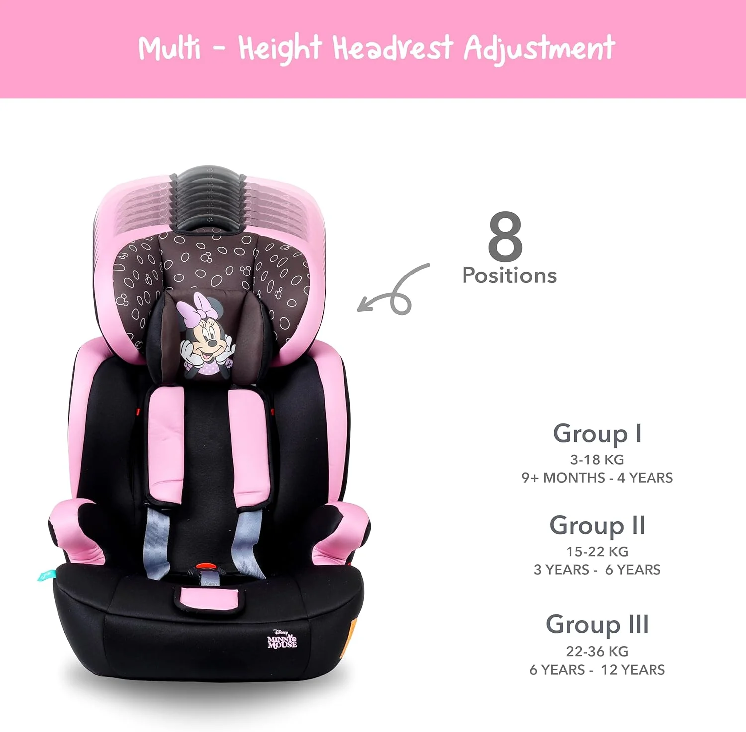صندلی ماشین کودک دیزنی مینی موس 3 در 1 + صندلی تقویتی - پشتی قابل تنظیم - محافظت اضافی - مناسب از 9 ماهگی تا 12 سال (گروه 1/2/3)، تا 36 کیلوگرم (محصول رسمی دیزنی)