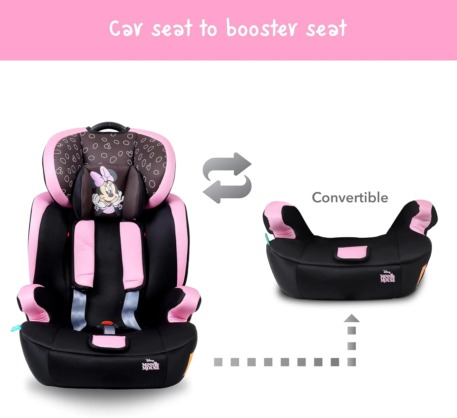 صندلی ماشین کودک دیزنی مینی موس 3 در 1 + صندلی تقویتی - پشتی قابل تنظیم - محافظت اضافی - مناسب از 9 ماهگی تا 12 سال (گروه 1/2/3)، تا 36 کیلوگرم (محصول رسمی دیزنی)