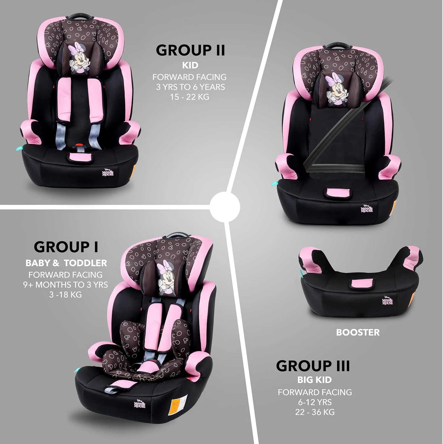 صندلی ماشین کودک دیزنی مینی موس 3 در 1 + صندلی تقویتی - پشتی قابل تنظیم - محافظت اضافی - مناسب از 9 ماهگی تا 12 سال (گروه 1/2/3)، تا 36 کیلوگرم (محصول رسمی دیزنی)