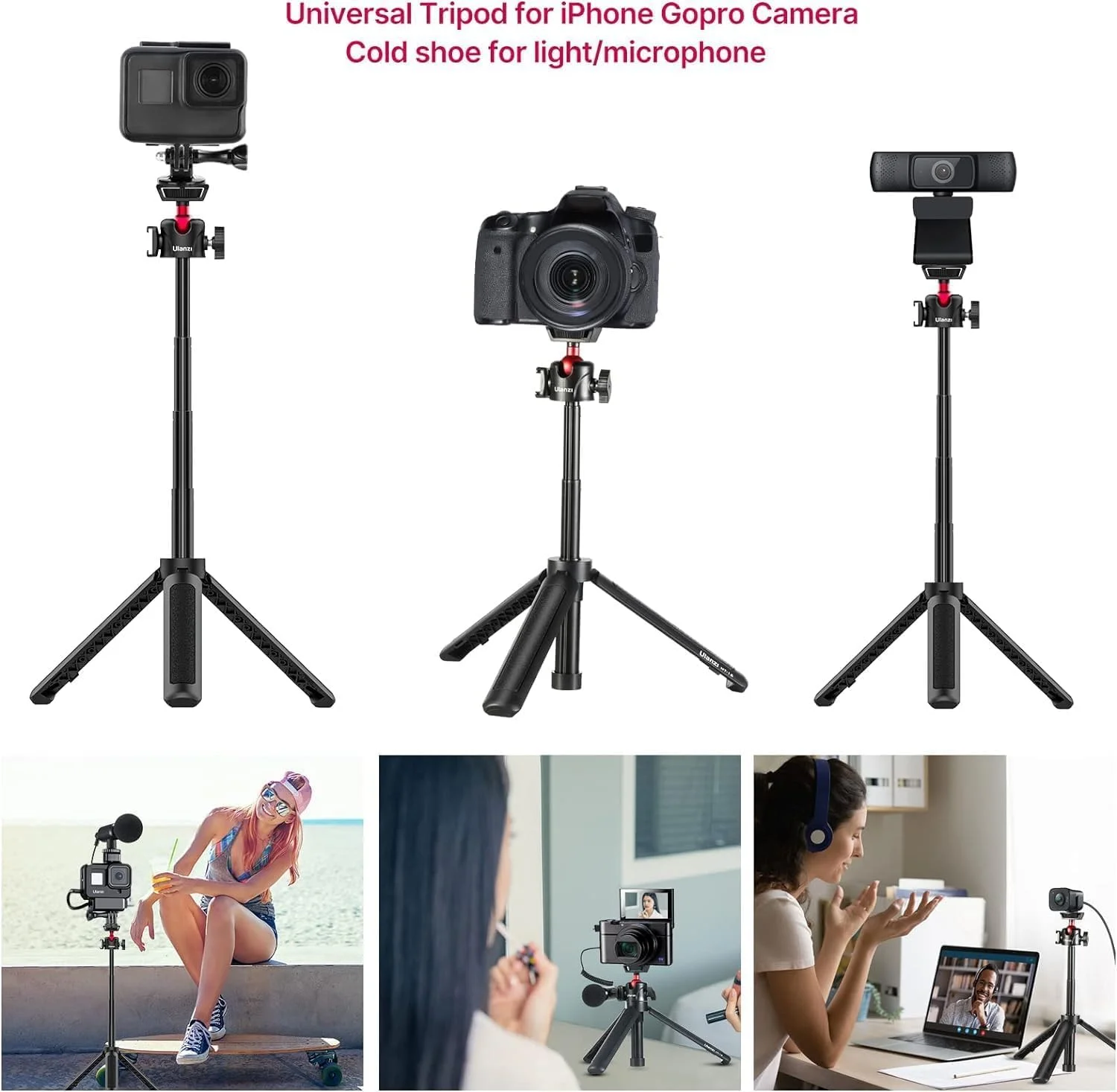 MT-16 Extendable Phone Camera Tripod, 4 Levels Adjustment 360° Ball Head Cold Shoe Lightweight Portable Vlog Travel Selfie Stick Handle Grip Desktop Webcam Tripod MT-16 Extendable Phone Camera Tripod, 4 Levels Adjustment 360° Ball Head Cold Shoe Lightweight Portable Vlog Travel Selfie Stick Handle Grip Desktop Webcam Tripod