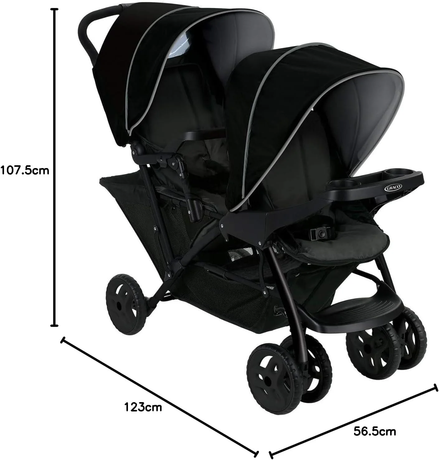کالسکه دوقلو گراکو مدل Stadium Duo Tandem - مناسب از بدو تولد تا تقریباً 3 سالگی (15 کیلوگرم). سازگار با صندلی ماشین کودک SnugEssentials iSize، رنگ مشکی/خاکستری کالسکه دوقلو گراکو مدل Stadium Duo Tandem - مناسب از بدو تولد تا تقریباً 3 سالگی (15 کیلوگرم). سازگار با صندلی ماشین کودک SnugEssentials iSize، رنگ مشکی/خاکستری