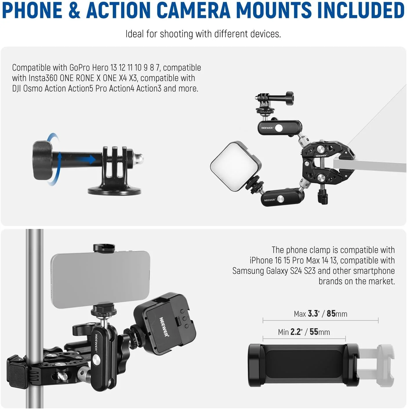 گیره سوپر سنگین NEEWER با دو بازوی جادویی سر توپی دوگانه 360 درجه، رزوه های پیچ 1/4 اینچ و 3/8 اینچ، آداپتور نصب تلفن و دوربین اکشن برای سطوح صاف/گرد سازگار با GoPro DJI Insta360 DSLR