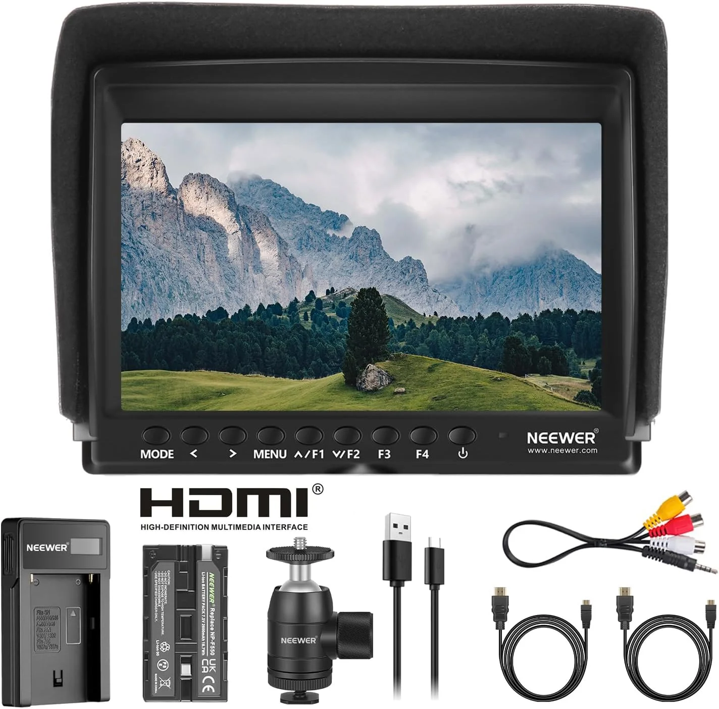 مانیتور فیلمبرداری 7 اینچی دوربین NEEWER مدل F100 با کیفیت HD، صفحه نمایش باریک IPS با رزولوشن 1280x800، ورودی HDMI و پشتیبانی از 1080p به همراه باتری 2600mAh و شارژر USB برای دوربین های DSLR، استابلایزر دستی و تجهیزات فیلم سازی