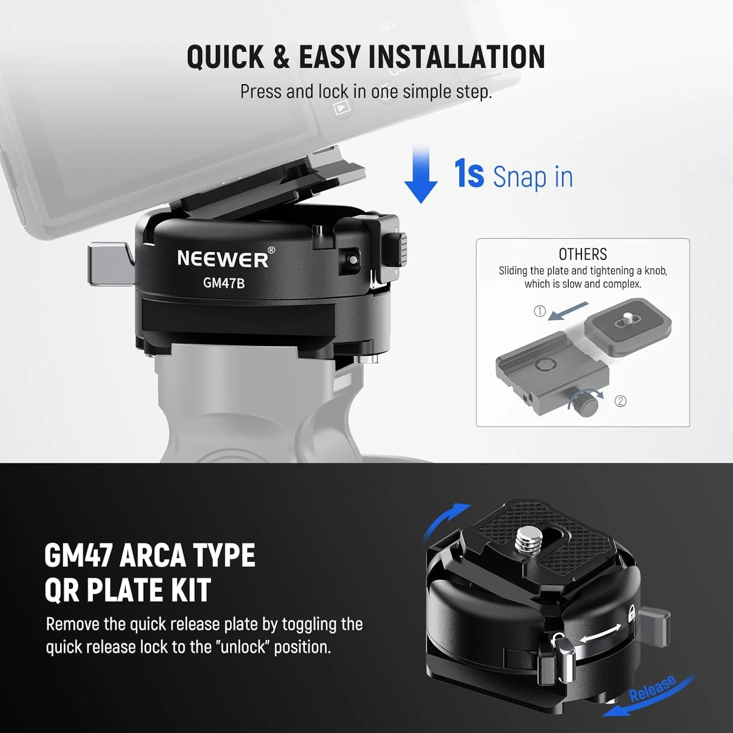 NEEWER GM47B Quick Release Plate Kit, Anti Twist Auto Lock Square QR Camera Tripod Mount Adapter & Clamp Base Compatible with Arca Swiss DJI Ronin RS 4 Pro RS 3 RS 2 Peak Design Capture V3 Camera Clip NEEWER GM47B Quick Release Plate Kit, Anti Twist Auto Lock Square QR Camera Tripod Mount Adapter & Clamp Base Compatible with Arca Swiss DJI Ronin RS 4 Pro RS 3 RS 2 Peak Design Capture V3 Camera Clip