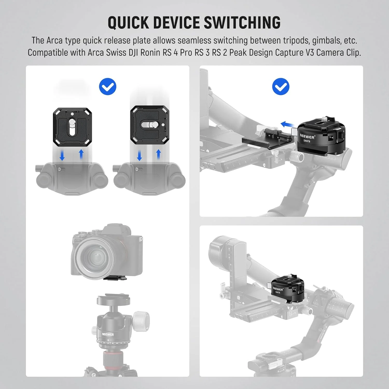 NEEWER GM47B Quick Release Plate Kit, Anti Twist Auto Lock Square QR Camera Tripod Mount Adapter & Clamp Base Compatible with Arca Swiss DJI Ronin RS 4 Pro RS 3 RS 2 Peak Design Capture V3 Camera Clip NEEWER GM47B Quick Release Plate Kit, Anti Twist Auto Lock Square QR Camera Tripod Mount Adapter & Clamp Base Compatible with Arca Swiss DJI Ronin RS 4 Pro RS 3 RS 2 Peak Design Capture V3 Camera Clip