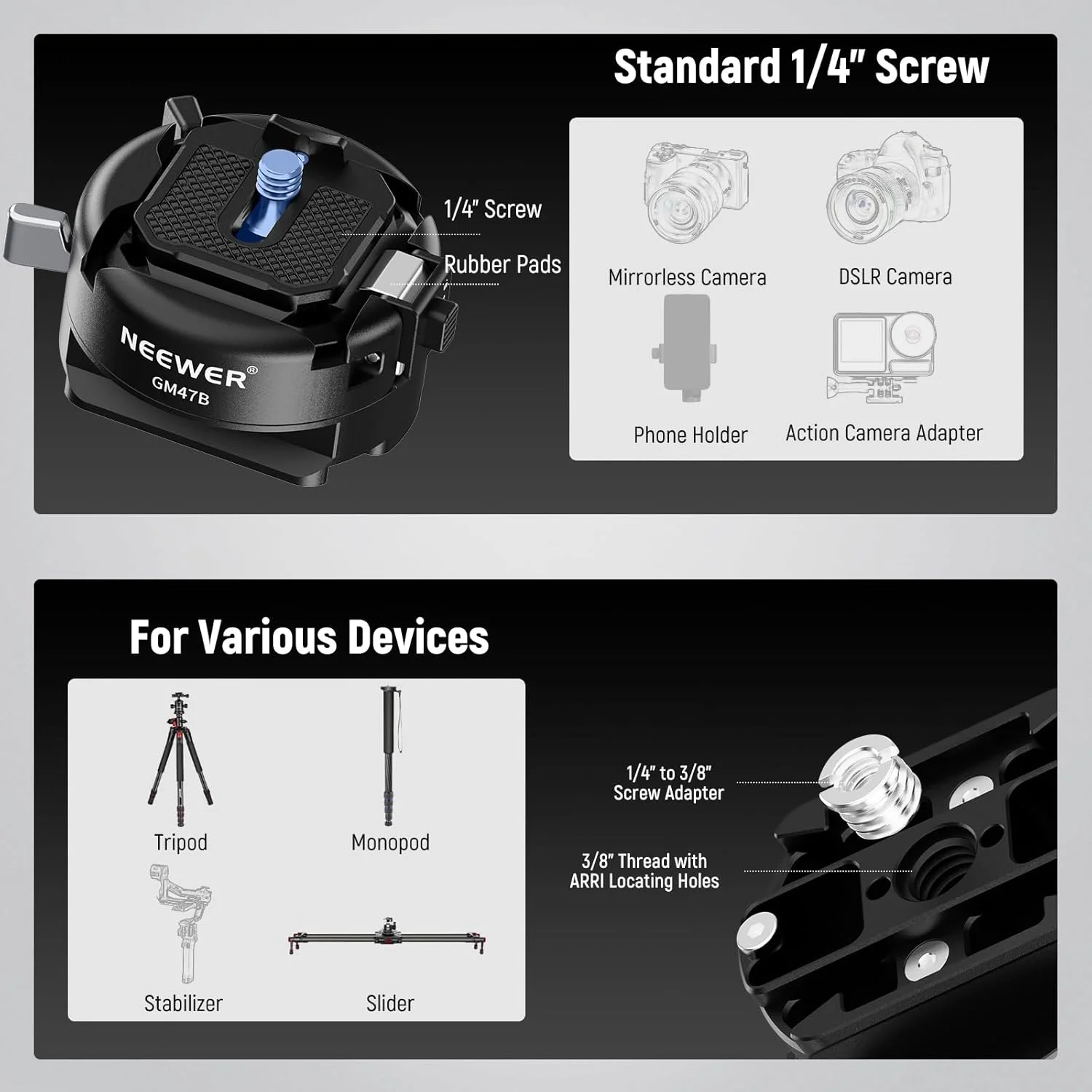 NEEWER GM47B Quick Release Plate Kit, Anti Twist Auto Lock Square QR Camera Tripod Mount Adapter & Clamp Base Compatible with Arca Swiss DJI Ronin RS 4 Pro RS 3 RS 2 Peak Design Capture V3 Camera Clip NEEWER GM47B Quick Release Plate Kit, Anti Twist Auto Lock Square QR Camera Tripod Mount Adapter & Clamp Base Compatible with Arca Swiss DJI Ronin RS 4 Pro RS 3 RS 2 Peak Design Capture V3 Camera Clip