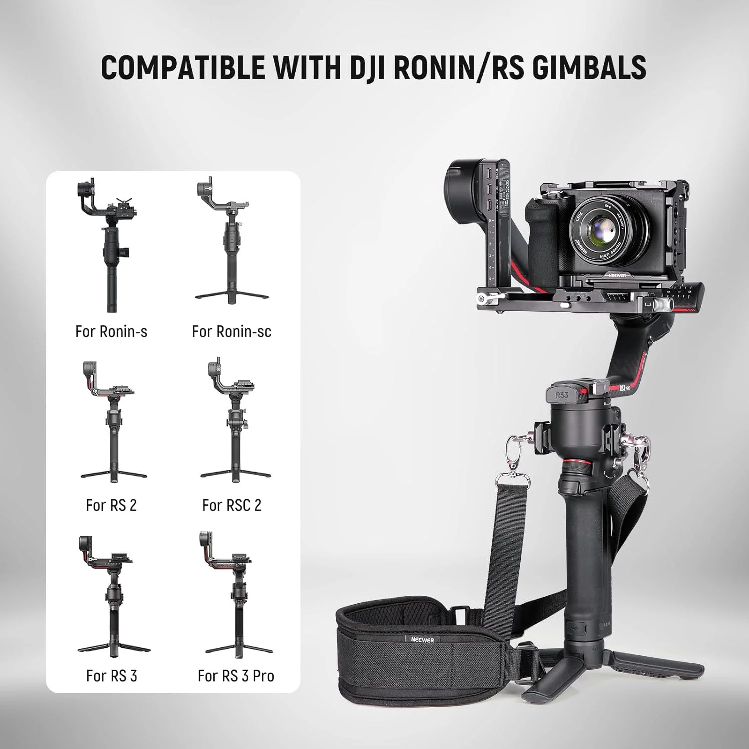 بند گردنی نیور RS4 RS3 با دو ریل ناتو و حلقه های D 1/4 اینچی برای DJI RS4 RS4 Pro RS3 Pro RS2 RSC2 Ronin SC Gimbal Stabilizer، طول قابل تنظیم 150 سانتی متری برای کاهش وزن شانه، GA014