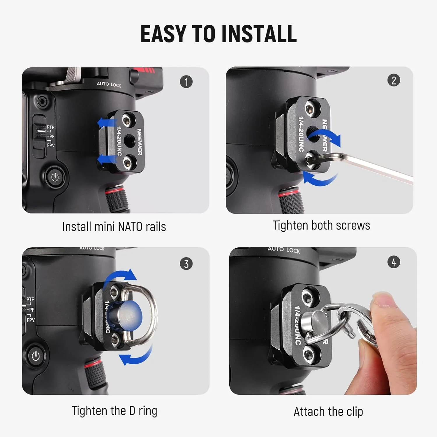 بند گردنی نیور RS4 RS3 با دو ریل ناتو و حلقه های D 1/4 اینچی برای DJI RS4 RS4 Pro RS3 Pro RS2 RSC2 Ronin SC Gimbal Stabilizer، طول قابل تنظیم 150 سانتی متری برای کاهش وزن شانه، GA014