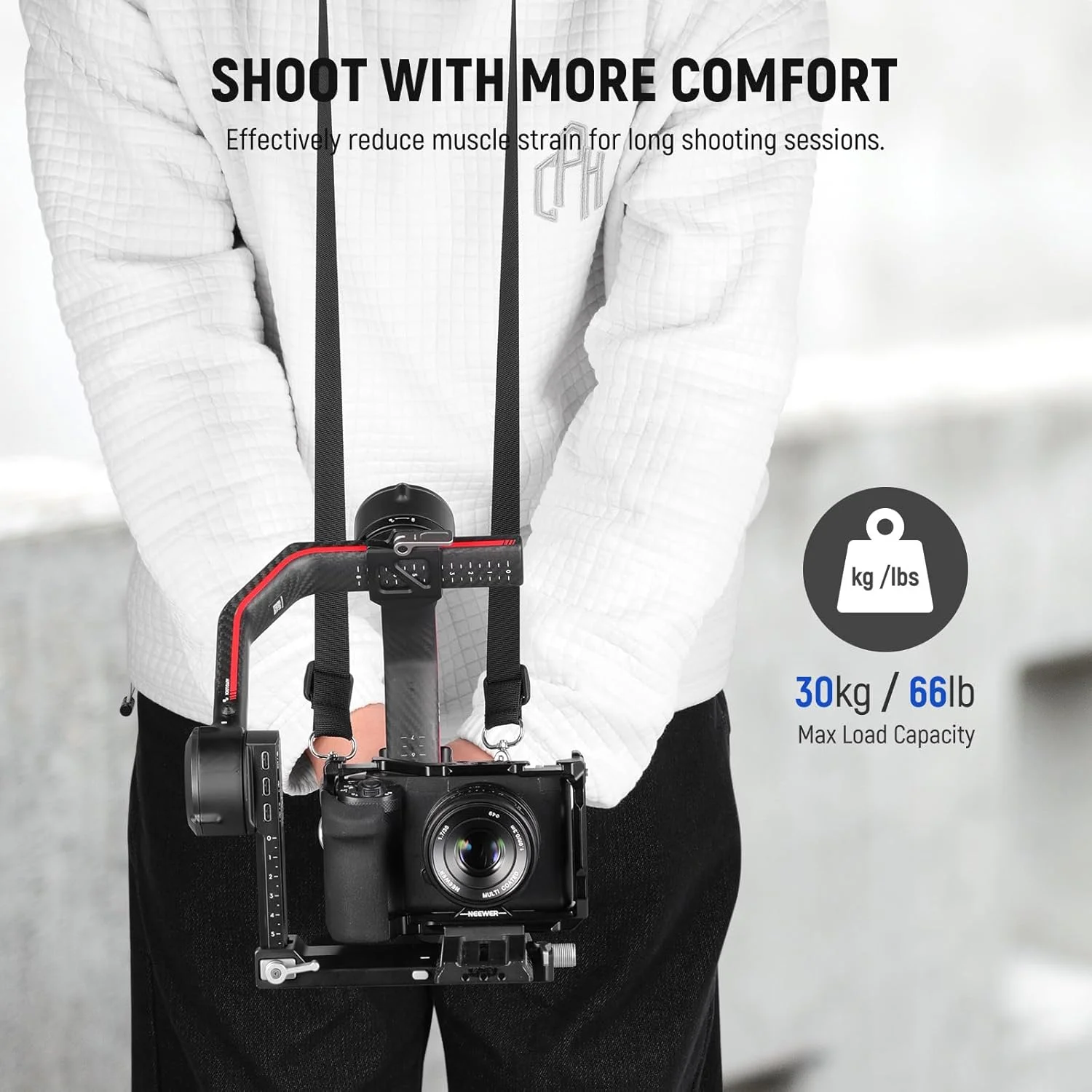 بند گردنی نیور RS4 RS3 با دو ریل ناتو و حلقه های D 1/4 اینچی برای DJI RS4 RS4 Pro RS3 Pro RS2 RSC2 Ronin SC Gimbal Stabilizer، طول قابل تنظیم 150 سانتی متری برای کاهش وزن شانه، GA014