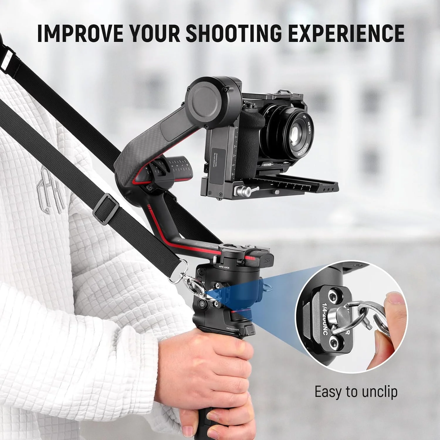 بند گردنی نیور RS4 RS3 با دو ریل ناتو و حلقه های D 1/4 اینچی برای DJI RS4 RS4 Pro RS3 Pro RS2 RSC2 Ronin SC Gimbal Stabilizer، طول قابل تنظیم 150 سانتی متری برای کاهش وزن شانه، GA014