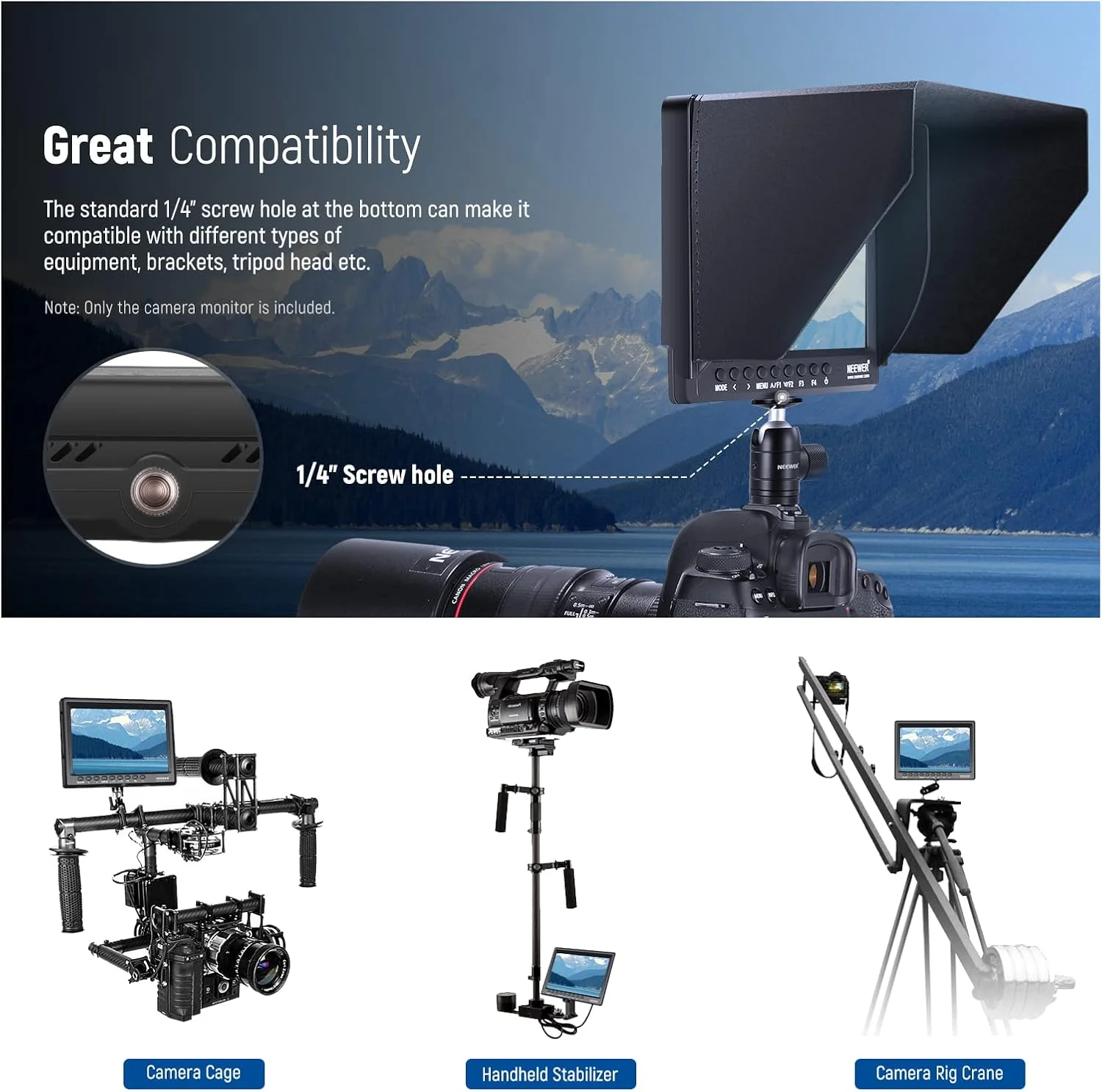 مانیتور فیلمبرداری 7 اینچی دوربین NEEWER مدل F100 با کیفیت HD، صفحه نمایش باریک IPS با رزولوشن 1280x800، ورودی HDMI و پشتیبانی از 1080p به همراه باتری 2600mAh و شارژر USB برای دوربین های DSLR، استابلایزر دستی و تجهیزات فیلم سازی مانیتور فیلمبرداری 7 اینچی دوربین NEEWER مدل F100 با کیفیت HD، صفحه نمایش باریک IPS با رزولوشن 1280x800، ورودی HDMI و پشتیبانی از 1080p به همراه باتری 2600mAh و شارژر USB برای دوربین های DSLR، استابلایزر دستی و تجهیزات فیلم سازی