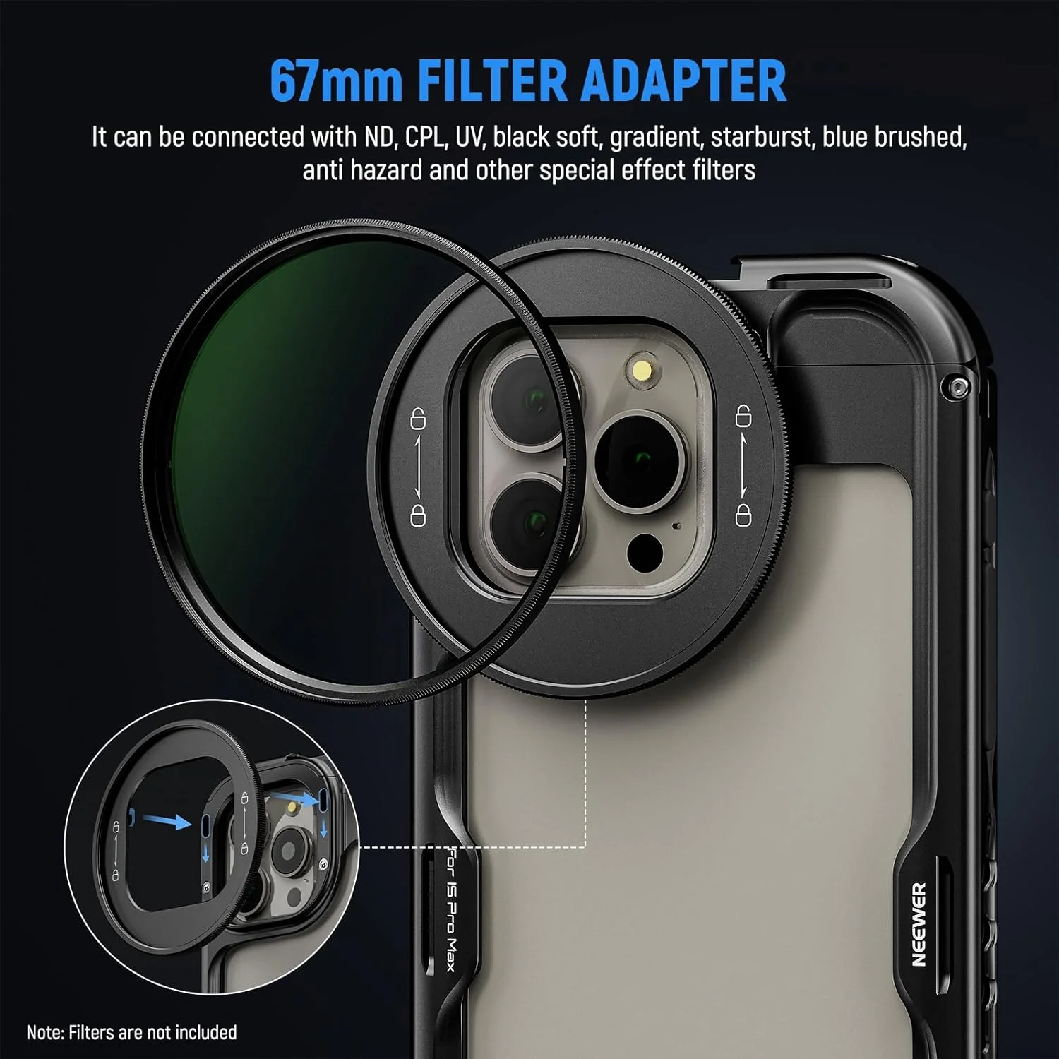 کیت قفس تلفن همراه NEEWER 15 Pro نسل دوم، استابلایزر ویدئویی تلفن همراه + دستگیره جانبی با رهاسازی سریع، آداپتور فیلتر 67 میلی‌متری، صفحه پشتی لنز 17 میلی‌متری، آداپتور T Mount، سازگار با Moment، PA043+PA045B
