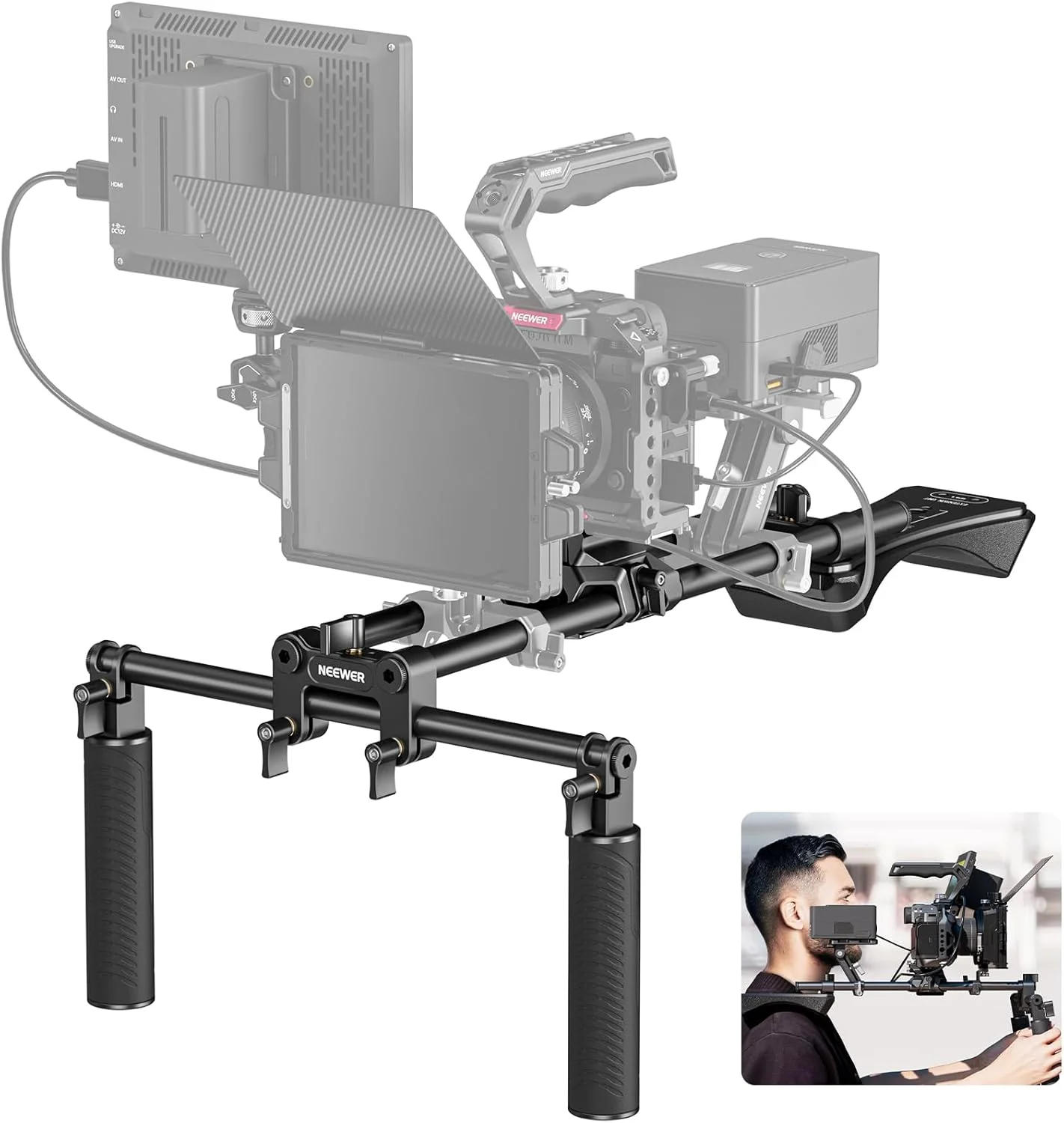 پایه شانه‌ای فیلمبرداری NEEWER مدل SR007 با قابلیت نصب سریع دوربین DSLR و فیلمبرداری Arca، دسته‌های دوتایی، میله‌های 15 میلی‌متری (40 سانتی‌متری)، تثبیت‌کننده فیلمبرداری سازگار با SmallRig Follow Focus