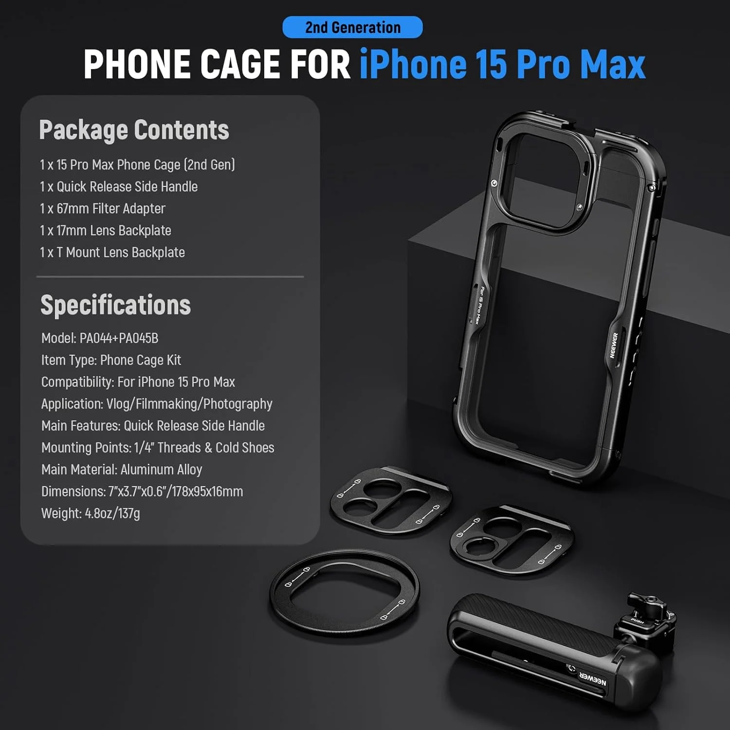 کیت قفس تلفن همراه NEEWER 15 Pro نسل دوم، استابلایزر ویدئویی تلفن همراه + دستگیره جانبی با رهاسازی سریع، آداپتور فیلتر 67 میلی‌متری، صفحه پشتی لنز 17 میلی‌متری، آداپتور T Mount، سازگار با Moment، PA043+PA045B