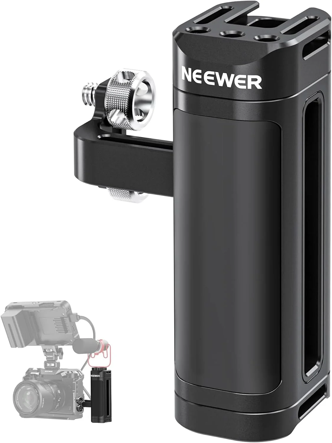 NEEWER Side Handle Compatible with SmallRig NEEWER Camera Cage, Lightweight Camera Handle Rig with Dual 1/4" Screws (18mm-20mm Spacing), 1/4" Threads, Cold Shoe, Up and Down Adjustable, CA022H