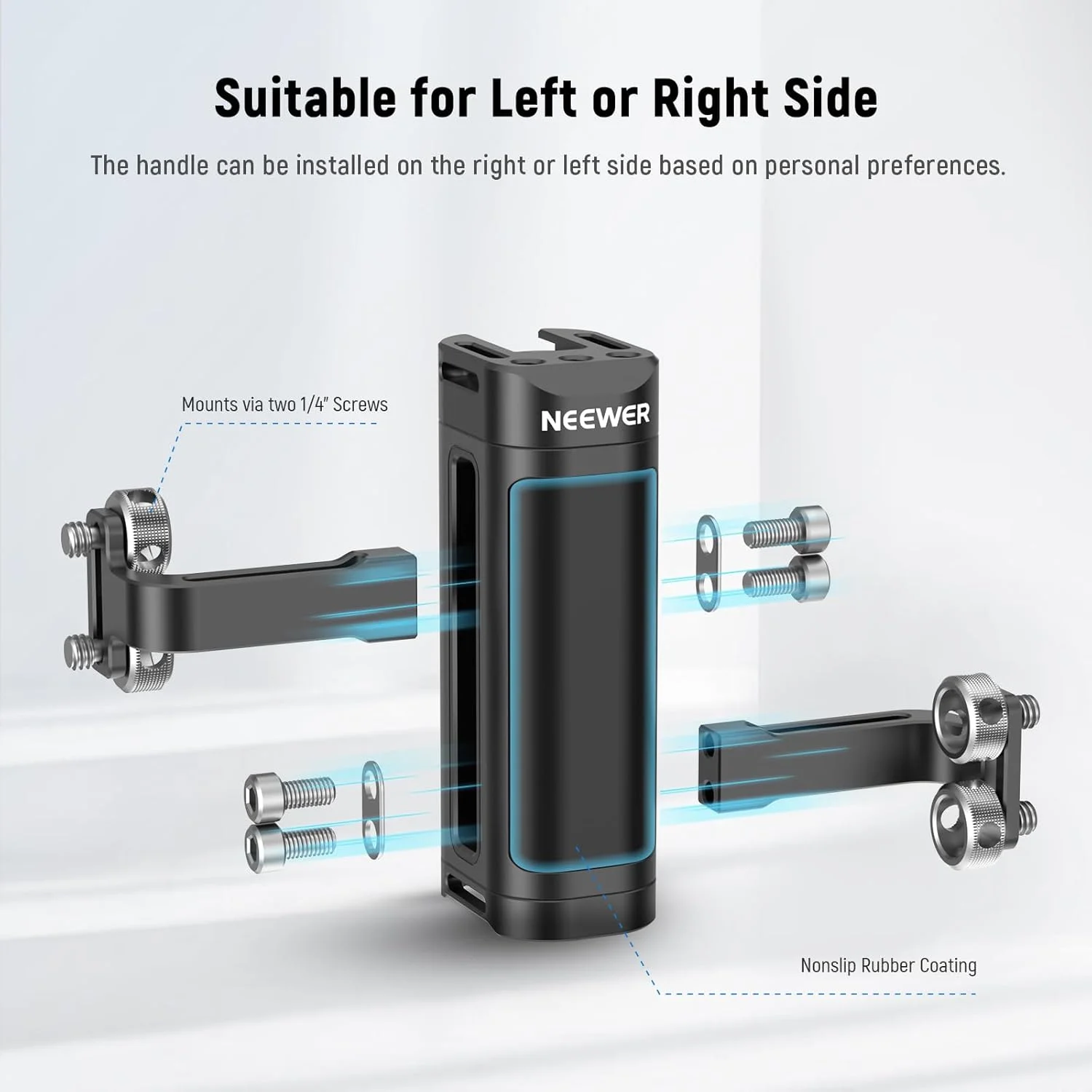 NEEWER Side Handle Compatible with SmallRig NEEWER Camera Cage, Lightweight Camera Handle Rig with Dual 1/4" Screws (18mm-20mm Spacing), 1/4" Threads, Cold Shoe, Up and Down Adjustable, CA022H