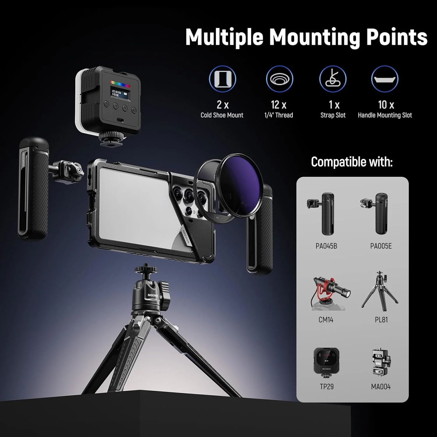 NEEWER S25 Ultra Mobile Phone Cage, Mobile Video Rig Stabiliser with 67 mm Filter Adapter, 17 mm Lens Back Plate, T Mount Adapter Compatible with Moment Samsung Galaxy S25 Ultra, 1 x Cleaning Cloth