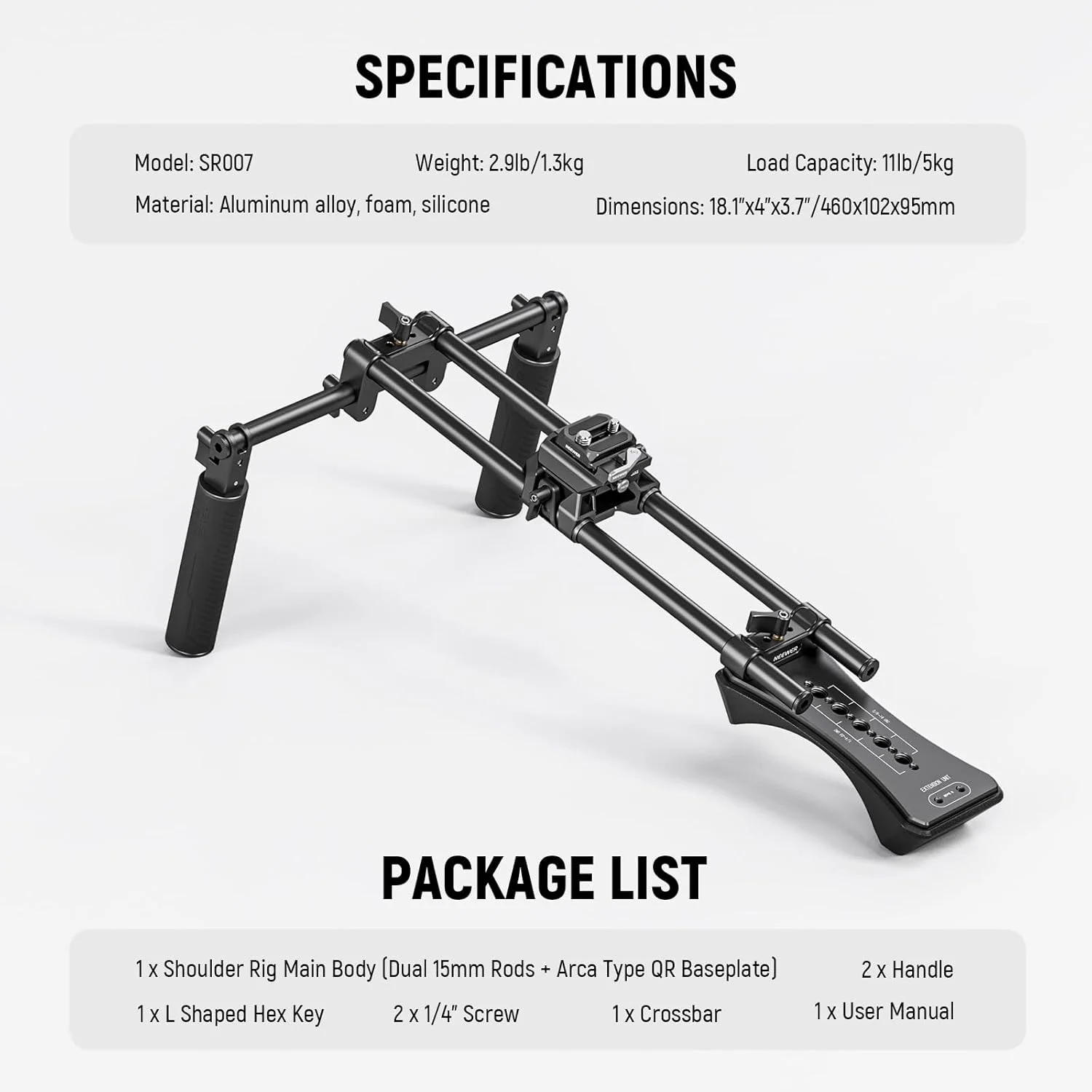 پایه شانهای فیلمبرداری NEEWER مدل SR007 با قابلیت نصب سریع دوربین DSLR و فیلمبرداری Arca، دستههای دوتایی، میلههای 15 میلیمتری (40 سانتیمتری)، تثبیتکننده فیلمبرداری سازگار با SmallRig Follow Focus پایه شانهای فیلمبرداری NEEWER مدل SR007 با قابلیت نصب سریع دوربین DSLR و فیلمبرداری Arca، دستههای دوتایی، میلههای 15 میلیمتری (40 سانتیمتری)، تثبیتکننده فیلمبرداری سازگار با SmallRig Follow Focus