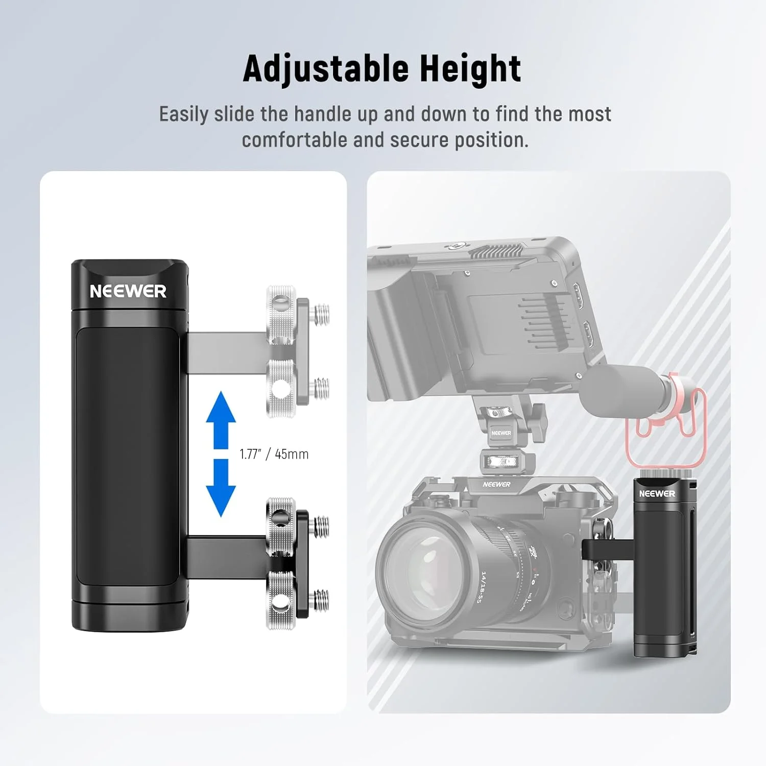 NEEWER Side Handle Compatible with SmallRig NEEWER Camera Cage, Lightweight Camera Handle Rig with Dual 1/4" Screws (18mm-20mm Spacing), 1/4" Threads, Cold Shoe, Up and Down Adjustable, CA022H