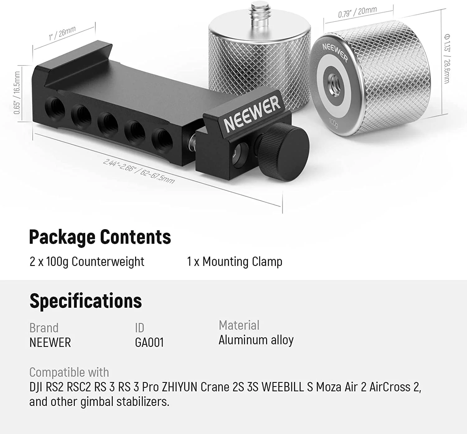 کیت وزنه تعادل و گیره گیمبال NEEWER، سازگار با DJI Ronin RS3 Pro/RS3/RS2/RSC2/ZHIYUN Crane 2S/3S/Weebill S/Moza Air 2/AirCross 2 برای متعادل سازی لنزهای بلند (GA001) کیت وزنه تعادل و گیره گیمبال NEEWER، سازگار با DJI Ronin RS3 Pro/RS3/RS2/RSC2/ZHIYUN Crane 2S/3S/Weebill S/Moza Air 2/AirCross 2 برای متعادل سازی لنزهای بلند (GA001)