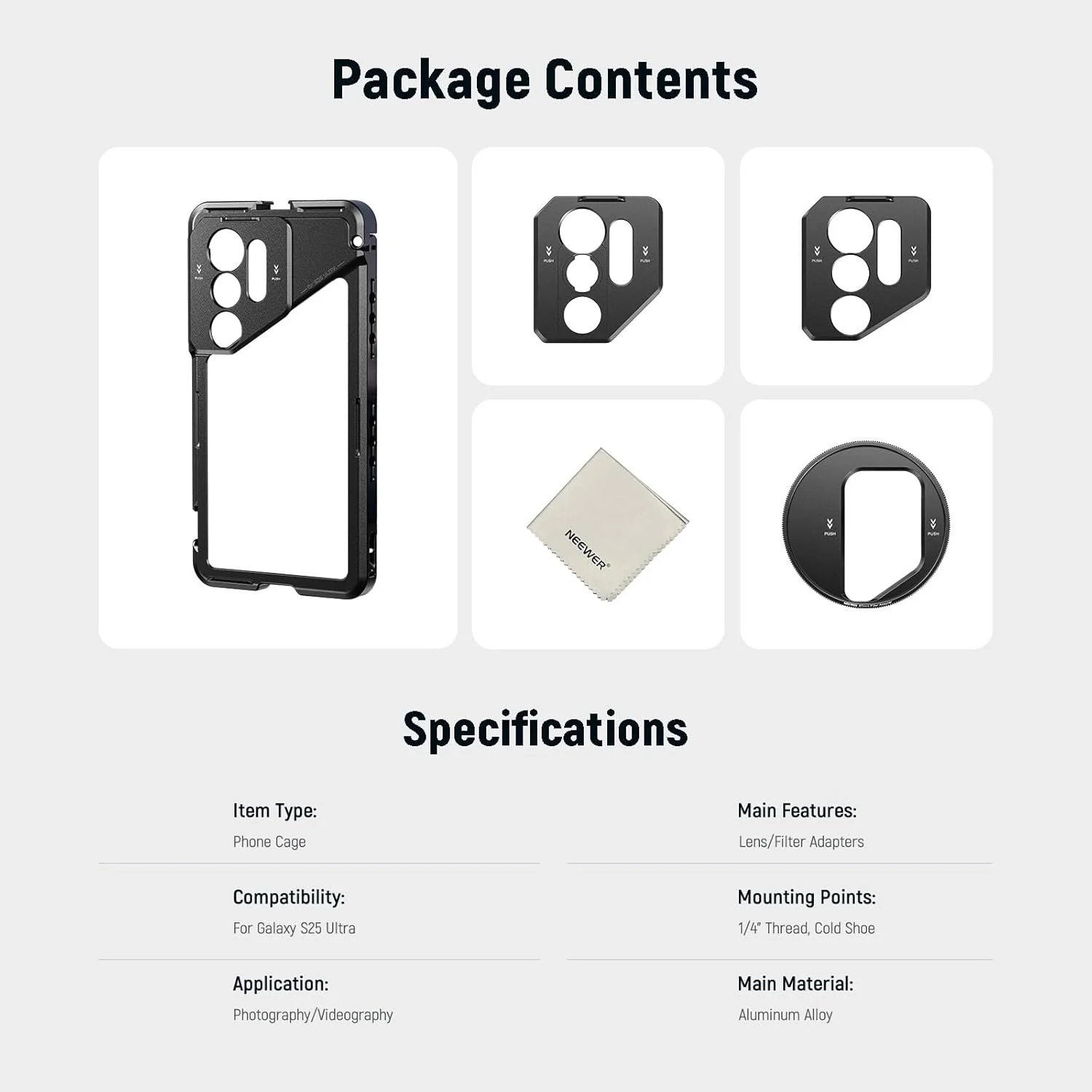 NEEWER S25 Ultra Mobile Phone Cage, Mobile Video Rig Stabiliser with 67 mm Filter Adapter, 17 mm Lens Back Plate, T Mount Adapter Compatible with Moment Samsung Galaxy S25 Ultra, 1 x Cleaning Cloth