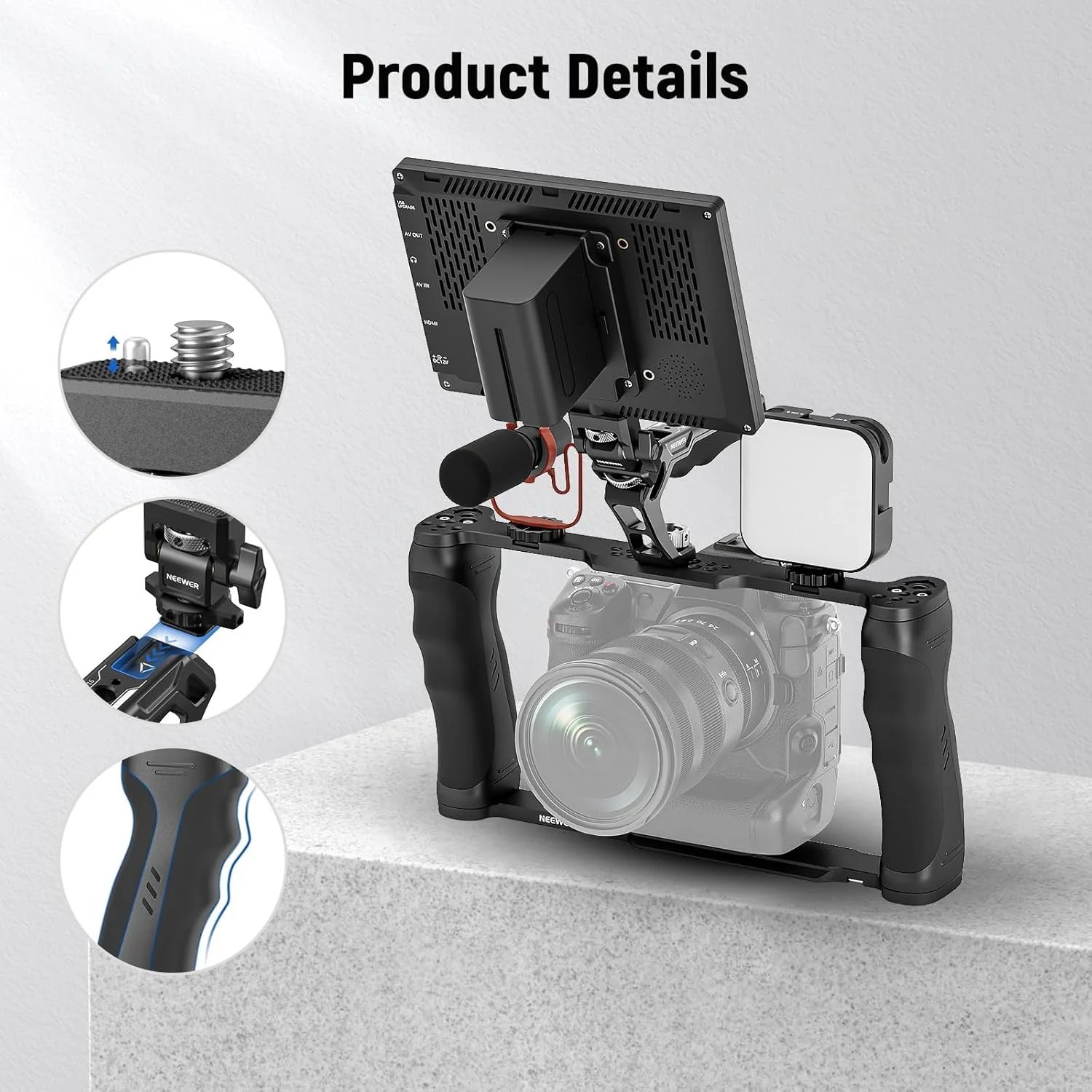 قفس دوربین یونیورسال NEEWER CA016T+MA006 به همراه دسته بالایی و پایه نگهدارنده مانیتور کفشک سرد، تثبیت کننده گیمبال نوع Arca، 2 دسته، 3/8 اینچ برای ARRI، ریگ ویدیویی سازگار با لوازم جانبی SmallRig، CA016T+ قفس دوربین یونیورسال NEEWER CA016T+MA006 به همراه دسته بالایی و پایه نگهدارنده مانیتور کفشک سرد، تثبیت کننده گیمبال نوع Arca، 2 دسته، 3/8 اینچ برای ARRI، ریگ ویدیویی سازگار با لوازم جانبی SmallRig، CA016T+