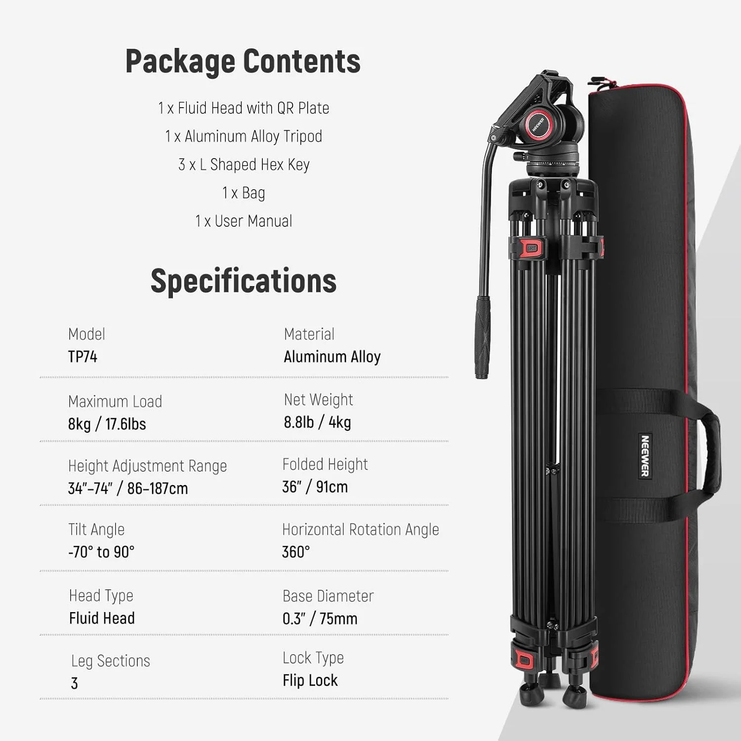 NEEWER 74 Inch Pro Video Tripod with Fluid Head, QR Plate Compatible with DJI RS Gimbals, Durable Camera Tripod with Telescopic Handle Scaled Base for DSLR, Max. Load 17.6 lb/8 kg, TP74 NEEWER 74 Inch Pro Video Tripod with Fluid Head, QR Plate Compatible with DJI RS Gimbals, Durable Camera Tripod with Telescopic Handle Scaled Base for DSLR, Max. Load 17.6 lb/8 kg, TP74