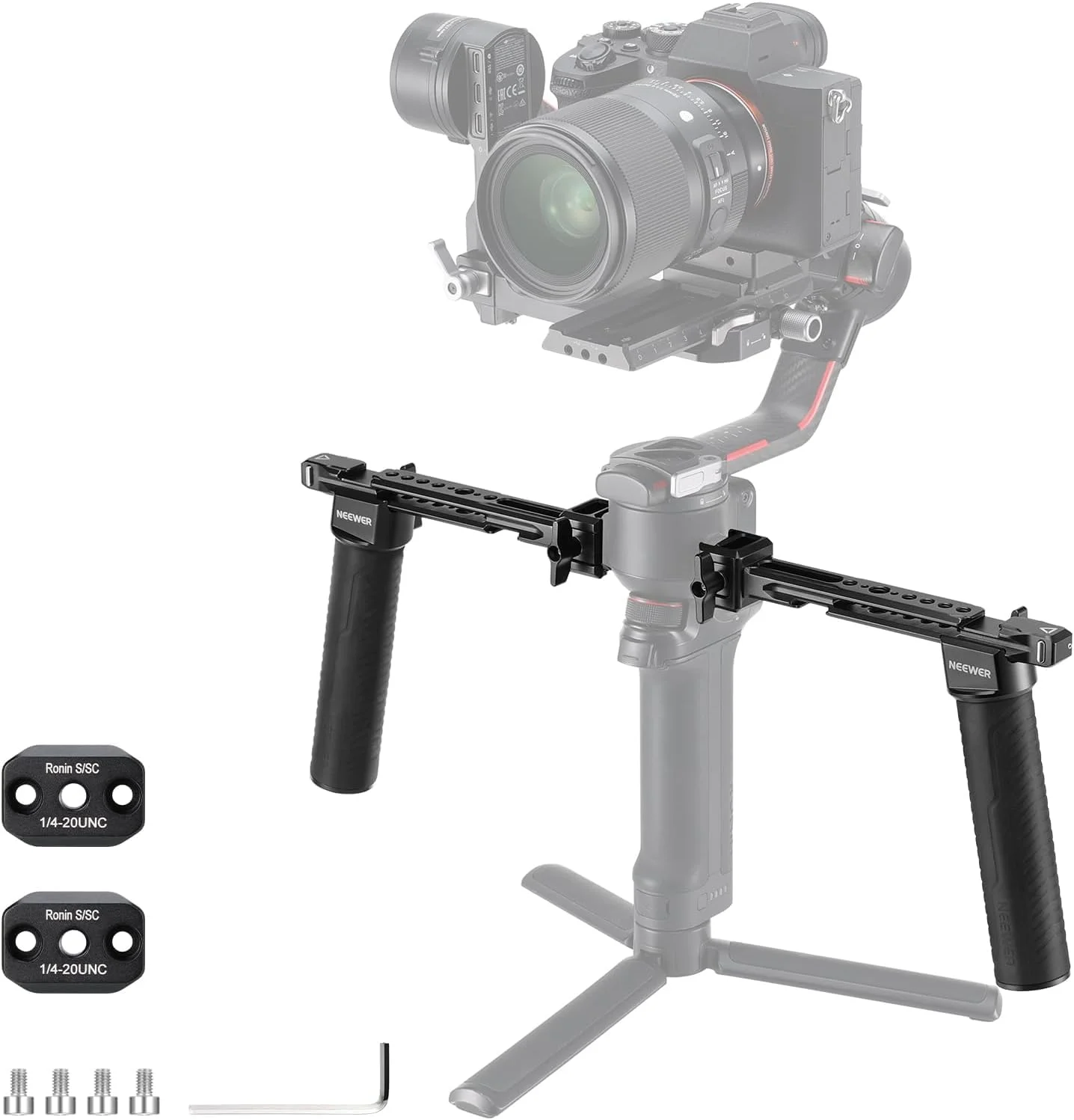 نگهدارنده دوگانه NEEWER سازگار با DJI RS4 RS4 Pro RS3 RS3 Pro RS2 RSC2 Ronin S SC Gimbal، کیت دسته دوگانه با 2 ریل مینی ناتو، گیره های ناتو با رهاسازی سریع، رزوه های 1/4 اینچی و 3/8 اینچی، GA006