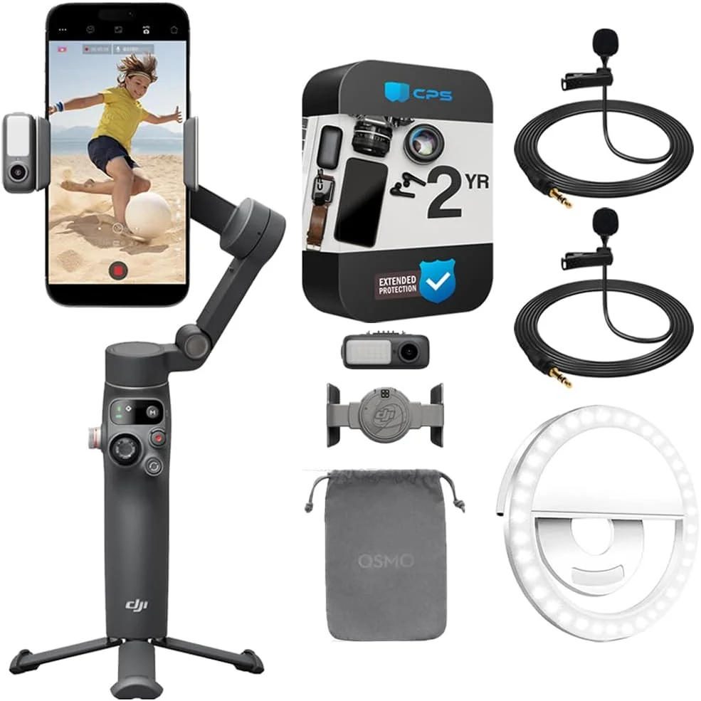 لرزشگیر گیمبال موبایل DJI Osmo Mobile 7P برای گوشی های هوشمند، گیمبال 3 محوره به همراه 2 عدد میکروفون یقه ای مینی گیره ای 3.5 میلی متری Deco Essentials + چراغ حلقه ای LED بی سیم برای گوشی های هوشمند + بسته محافظتی 2 ساله