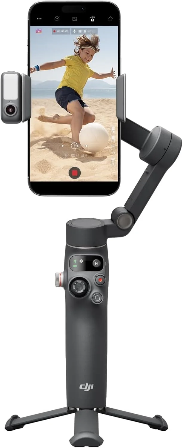 لرزشگیر گیمبال موبایل DJI Osmo Mobile 7P برای گوشی های هوشمند، گیمبال 3 محوره به همراه 2 عدد میکروفون یقه ای مینی گیره ای 3.5 میلی متری Deco Essentials + چراغ حلقه ای LED بی سیم برای گوشی های هوشمند + بسته محافظتی 2 ساله