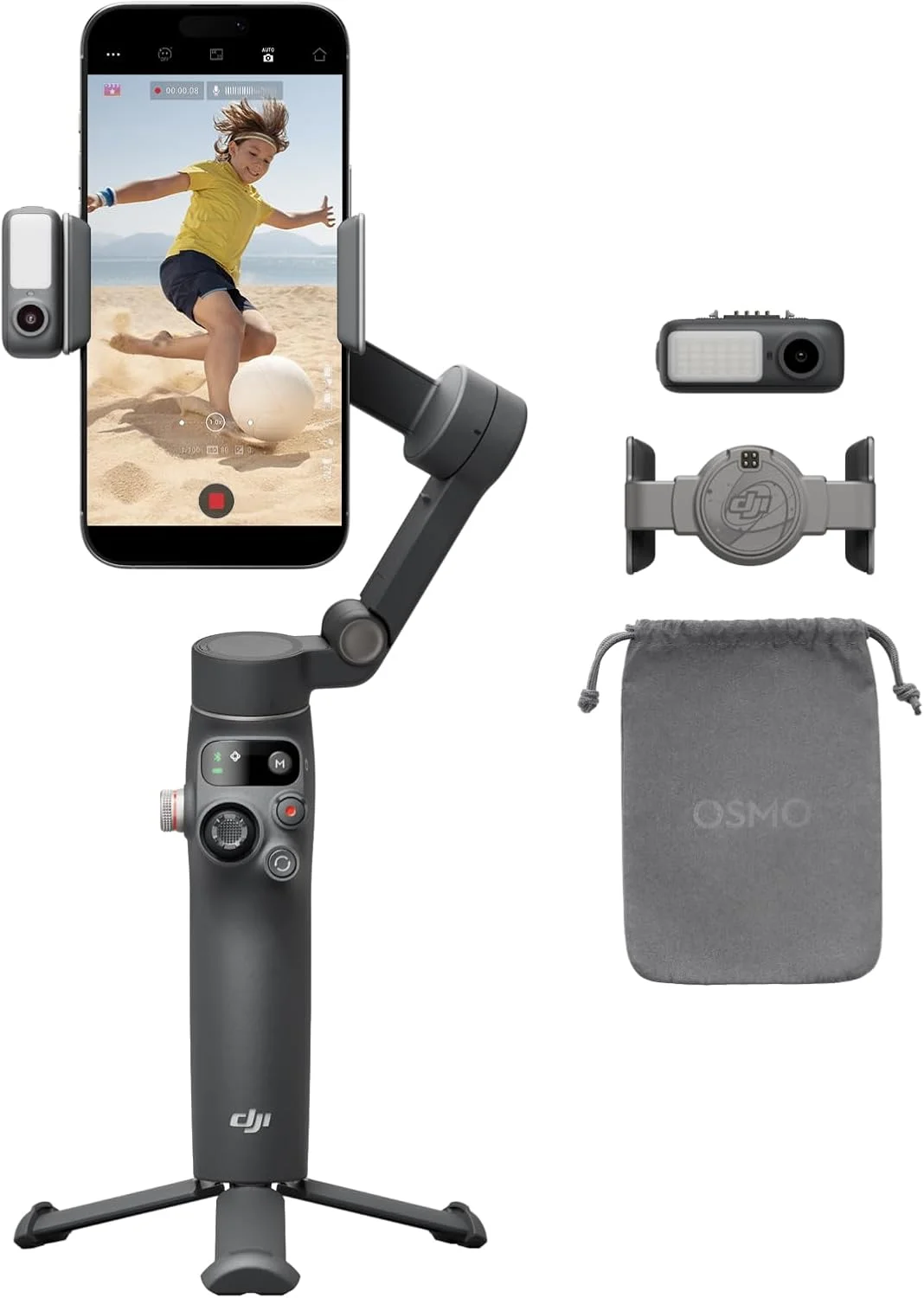 لرزشگیر گیمبال موبایل DJI Osmo Mobile 7P برای گوشی های هوشمند، گیمبال 3 محوره به همراه 2 عدد میکروفون یقه ای مینی گیره ای 3.5 میلی متری Deco Essentials + چراغ حلقه ای LED بی سیم برای گوشی های هوشمند + بسته محافظتی 2 ساله