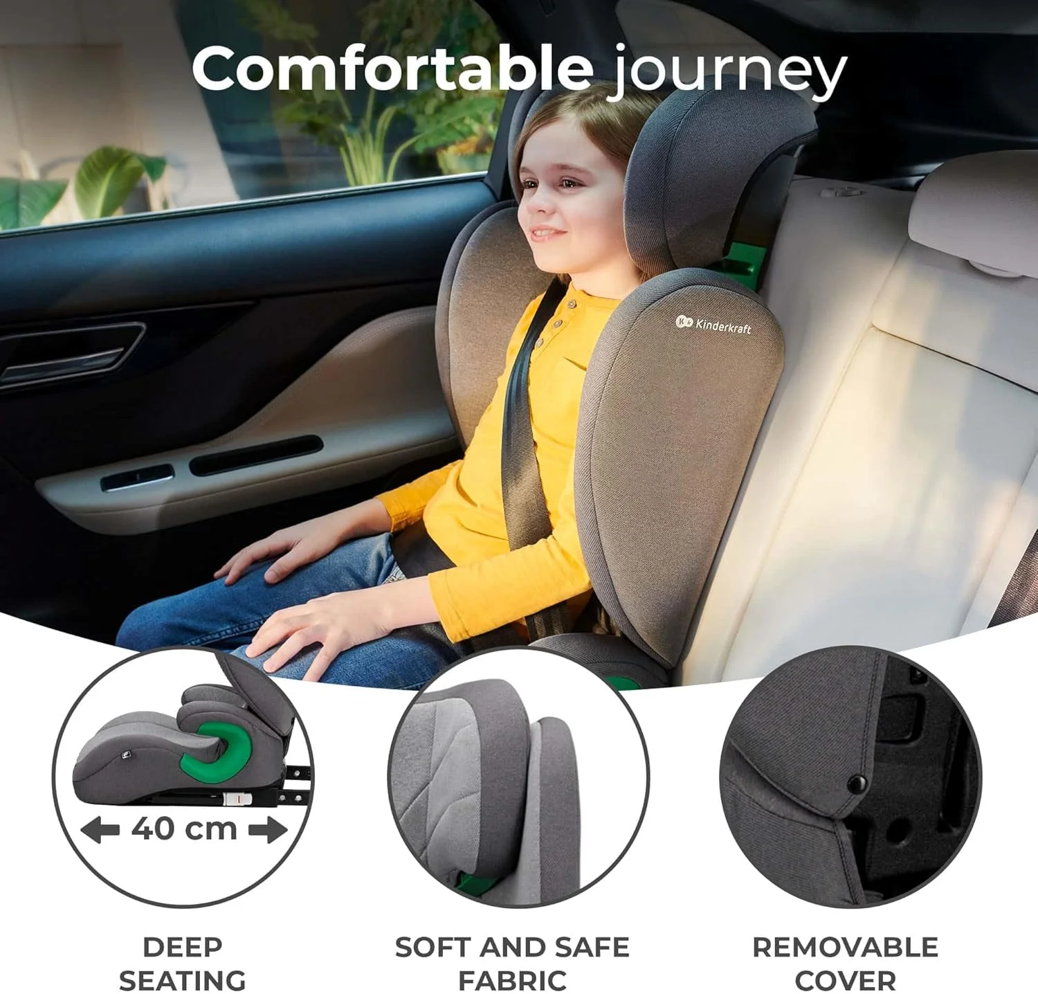 صندلی ماشین کودک Kinderkraft JUNIOR FIX 2 - i-Size سبک و جمع و جور تبدیل شونده - 3.5 تا 12 سال (100-150 سانتی متر) با ISOFIX | محافظ H + محافظ جانبی - خاکستری موشکی
