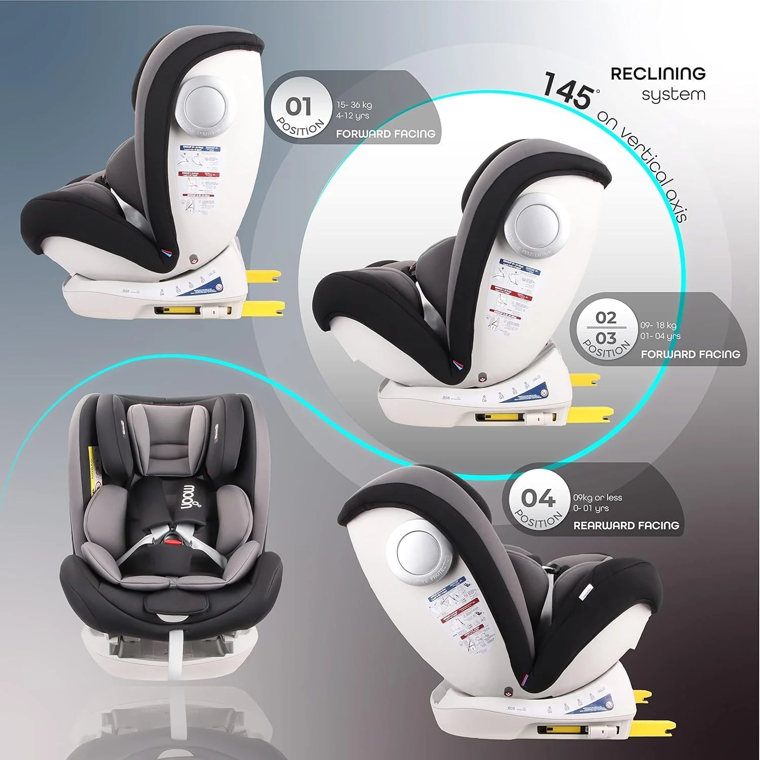 صندلی ماشین کودک مون مدل Melhor - صندلی بوستر چرخشی 360 درجه برای کودکان/نوزادان/نوپایان، تجهیزات سفر نوزاد (گروه 0123)، تبدیل شونده رو به عقب و جلو با Isofix، از 0 ماهگی تا 12 سالگی (تا 36 کیلوگرم) - مشکی