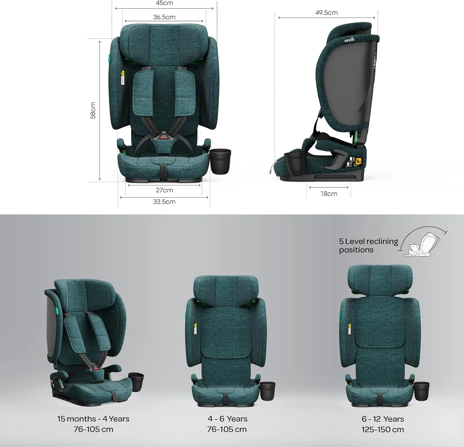 The Moon Brand Folda Plus Foldable Car Seat for Kids, Group 1/2/3 (15 Months – 12 Years, 9-36 kg), i-Size ECE R129 Certified, Removable Cup Holder & Base, Travel Friendly with Carry Bag-Green The Moon Brand Folda Plus Foldable Car Seat for Kids, Group 1/2/3 (15 Months – 12 Years, 9-36 kg), i-Size ECE R129 Certified, Removable Cup Holder & Base, Travel Friendly with Carry Bag-Green