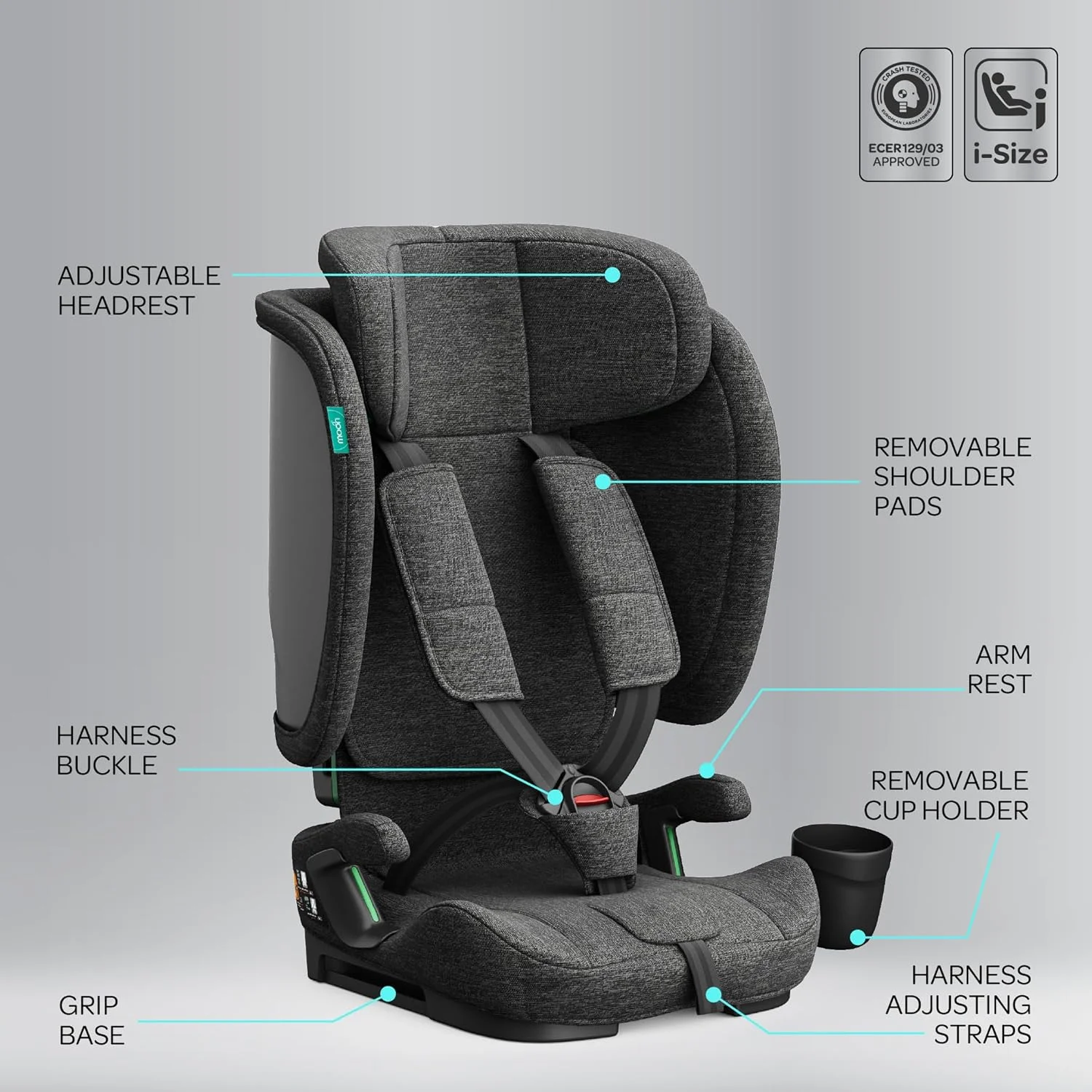 The Moon Brand Folda Plus Foldable Car Seat for Kids, Group 1/2/3 (15 Months – 12 Years, 9-36 kg), i-Size ECE R129 Certified, Removable Cup Holder & Base, Travel Friendly with Carry Bag-Drak Grey The Moon Brand Folda Plus Foldable Car Seat for Kids, Group 1/2/3 (15 Months – 12 Years, 9-36 kg), i-Size ECE R129 Certified, Removable Cup Holder & Base, Travel Friendly with Carry Bag-Drak Grey