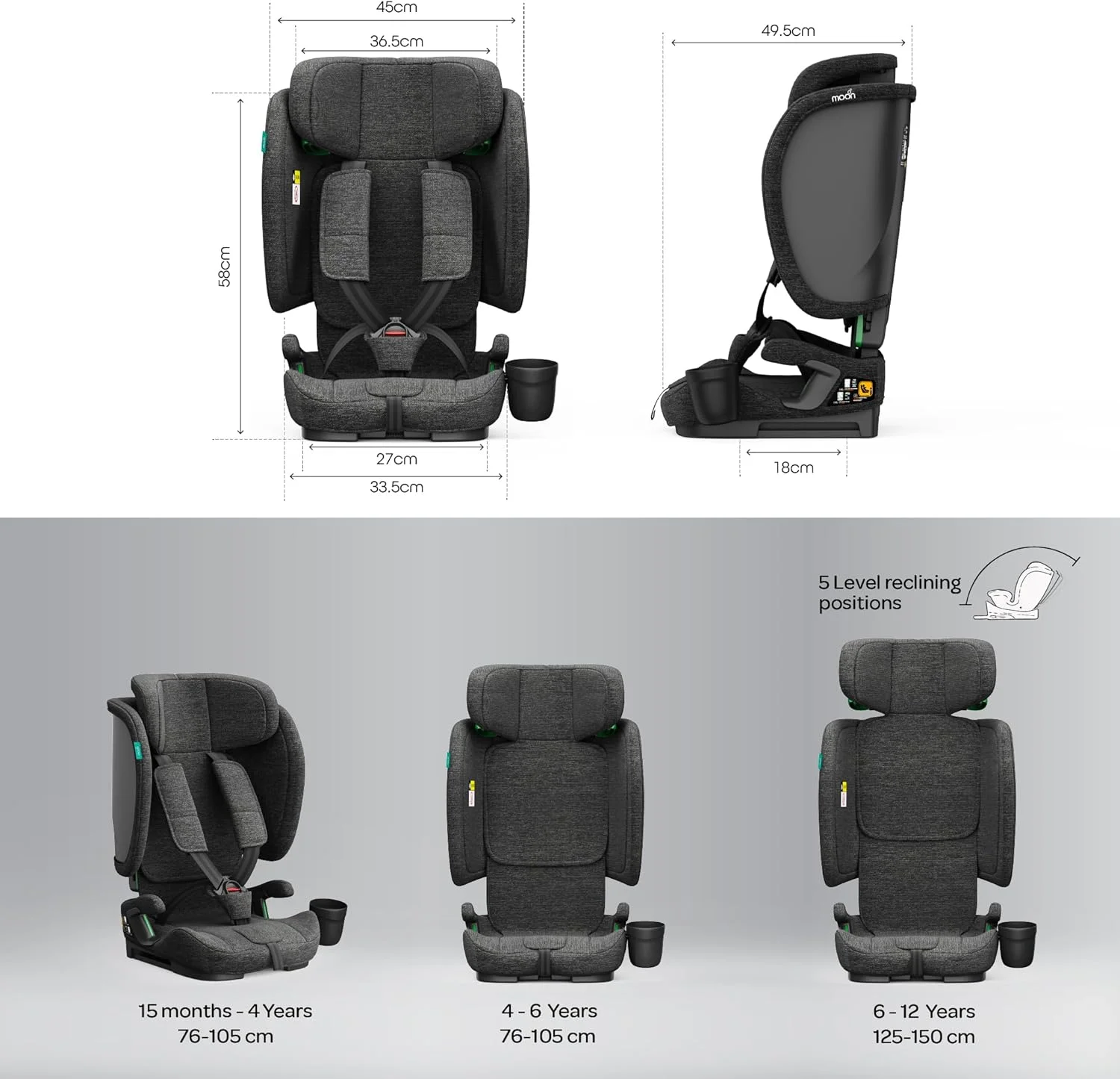The Moon Brand Folda Plus Foldable Car Seat for Kids, Group 1/2/3 (15 Months – 12 Years, 9-36 kg), i-Size ECE R129 Certified, Removable Cup Holder & Base, Travel Friendly with Carry Bag-Drak Grey The Moon Brand Folda Plus Foldable Car Seat for Kids, Group 1/2/3 (15 Months – 12 Years, 9-36 kg), i-Size ECE R129 Certified, Removable Cup Holder & Base, Travel Friendly with Carry Bag-Drak Grey