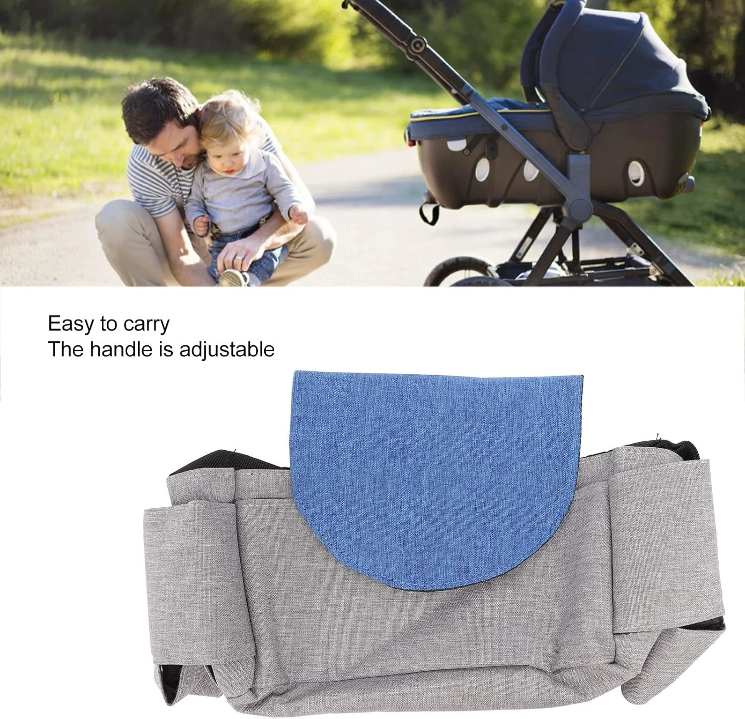 کیف لوازم کودک، کیف آویز کالسکه، کیف لوازم کالسکه کودک با ظرفیت بزرگ، کیف لوازم جانبی کالسکه جهانی، سازمان دهنده کالسکه با 2 جا لیوانی، جیب های زیپ دار متعدد، جا لیوانی کالسکه (آبی خاکستری)