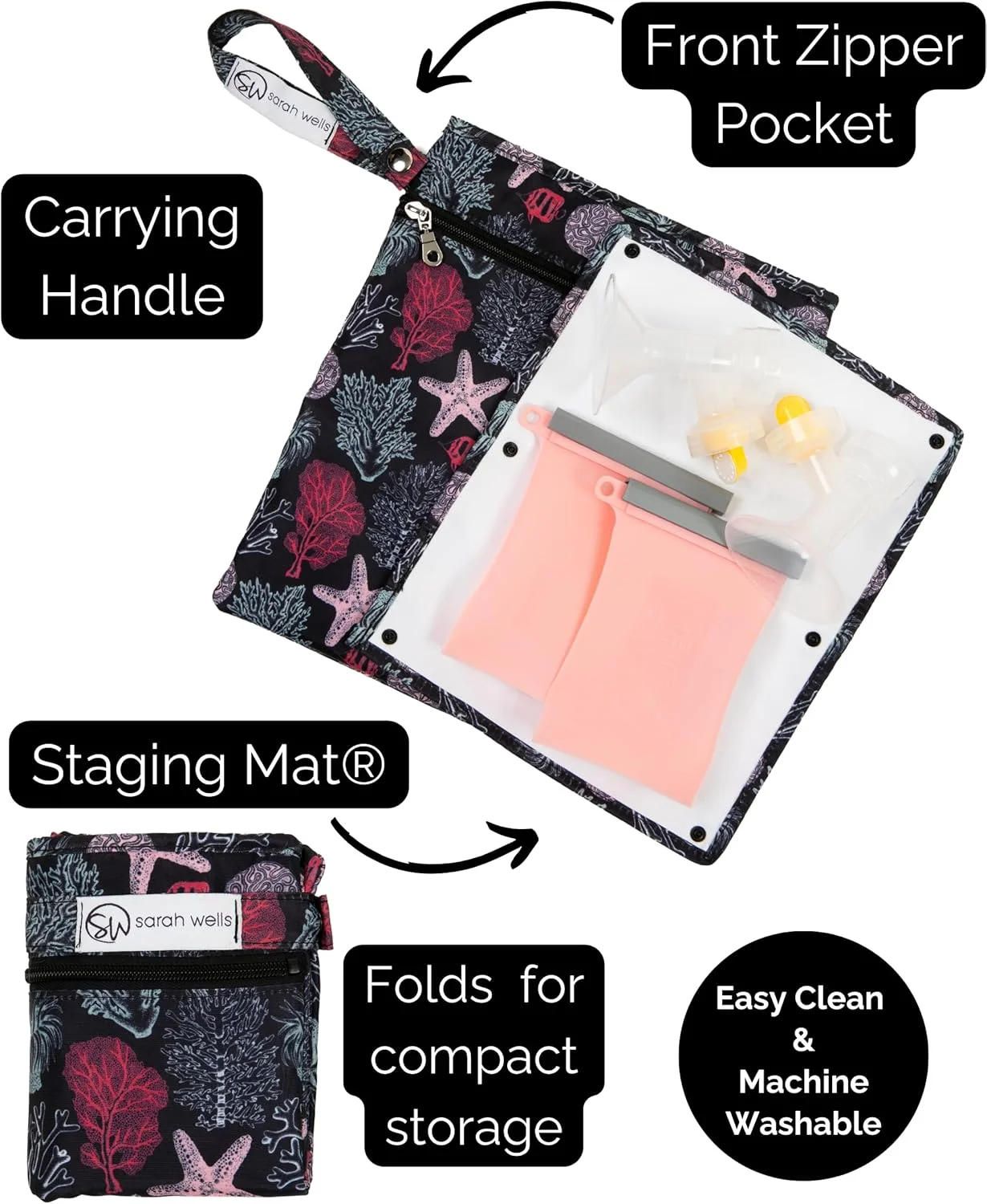 کیف خشک و خیس Sarah Wells Pumparoo برای قطعات پمپ سینه - سازمان دهنده جمع و جور با جیب ضد آب، زیرانداز و ترفند یخچال - لوازم جانبی پمپاژ قابل شستشو در ماشین لباسشویی (اقیانوس)
