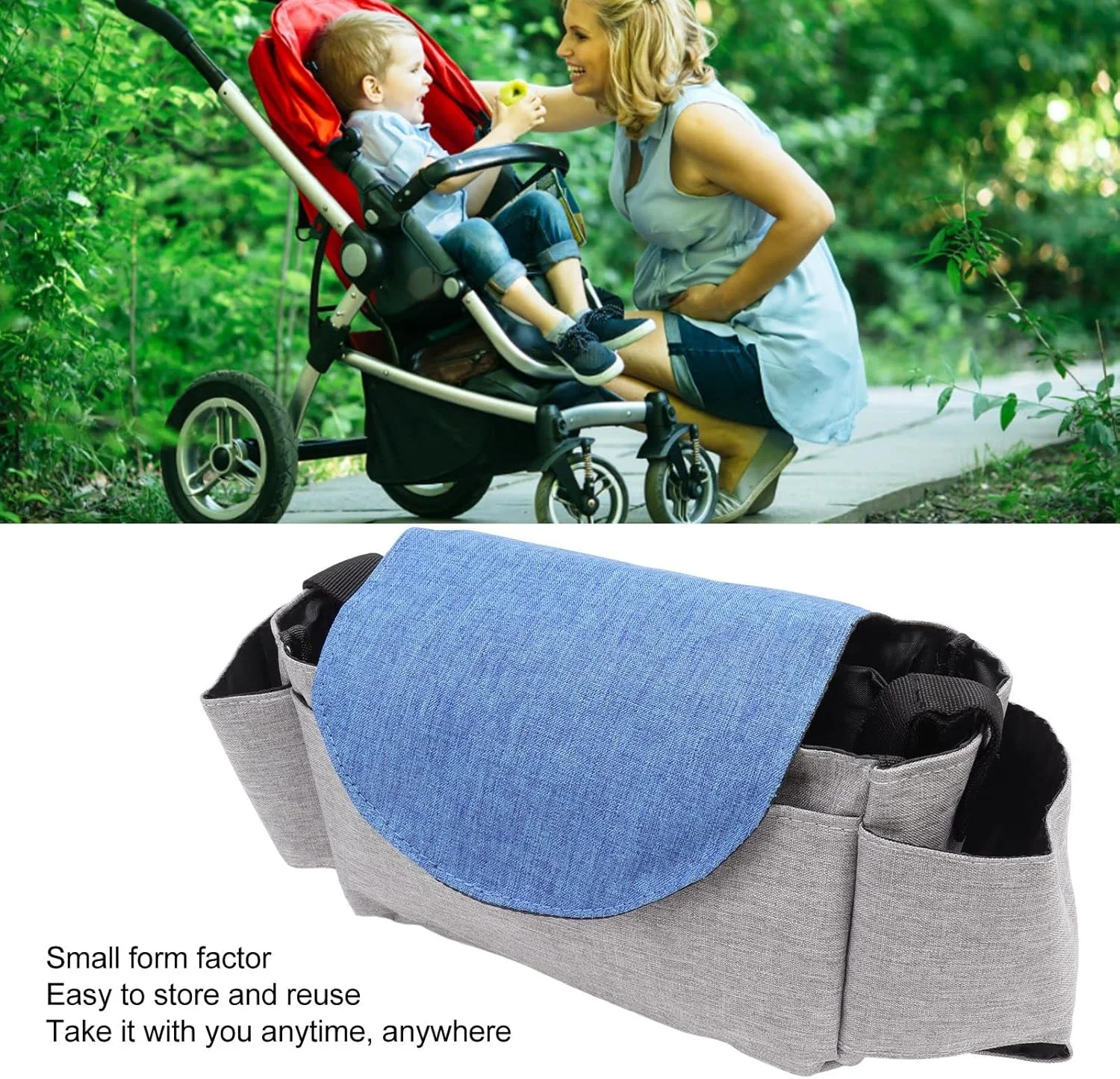 کیف لوازم کودک، کیف آویز کالسکه، کیف لوازم کالسکه کودک با ظرفیت بزرگ، کیف لوازم جانبی کالسکه جهانی، سازمان دهنده کالسکه با 2 جا لیوانی و جیب های زیپ دار متعدد (خاکستری آبی)