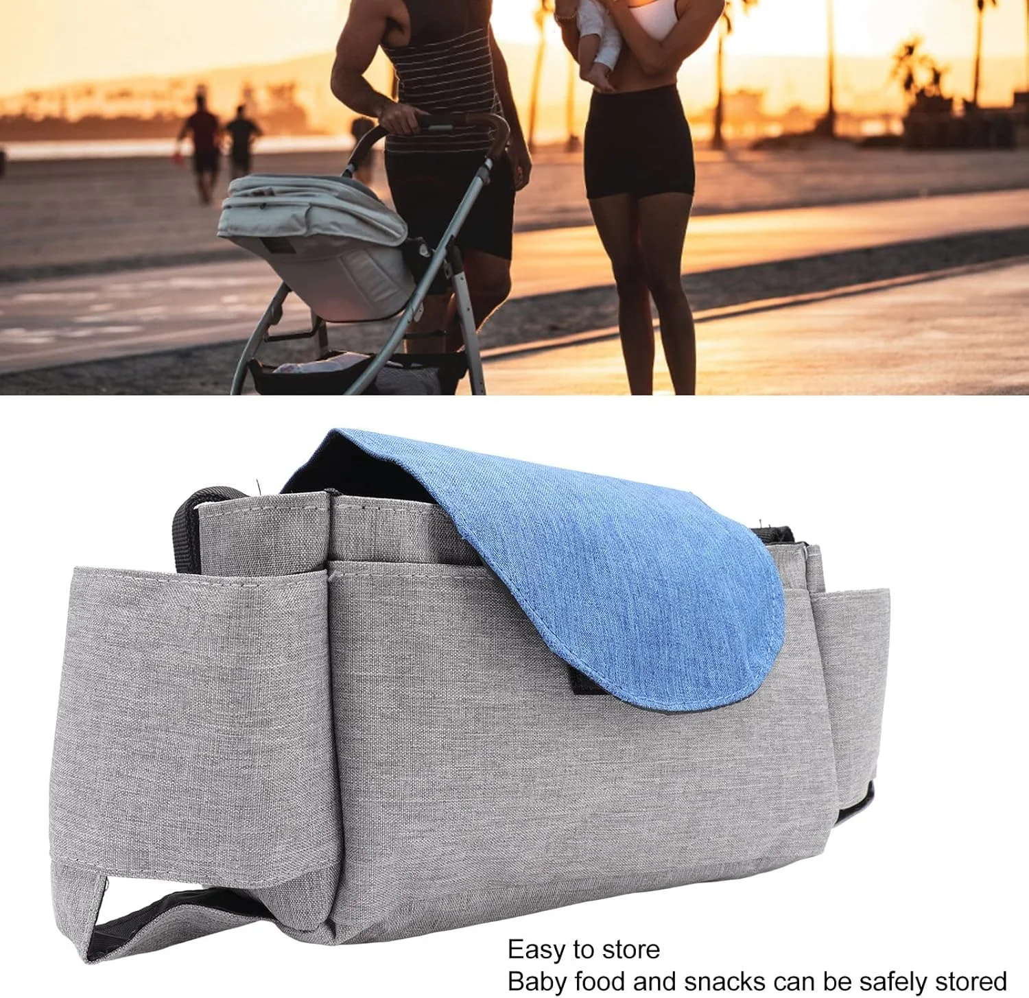 کیف لوازم کودک، کیف آویز کالسکه، کیف لوازم کالسکه کودک با ظرفیت بزرگ، کیف لوازم جانبی کالسکه جهانی، سازمان دهنده کالسکه با 2 جا لیوانی و جیب های زیپ دار متعدد (خاکستری آبی)