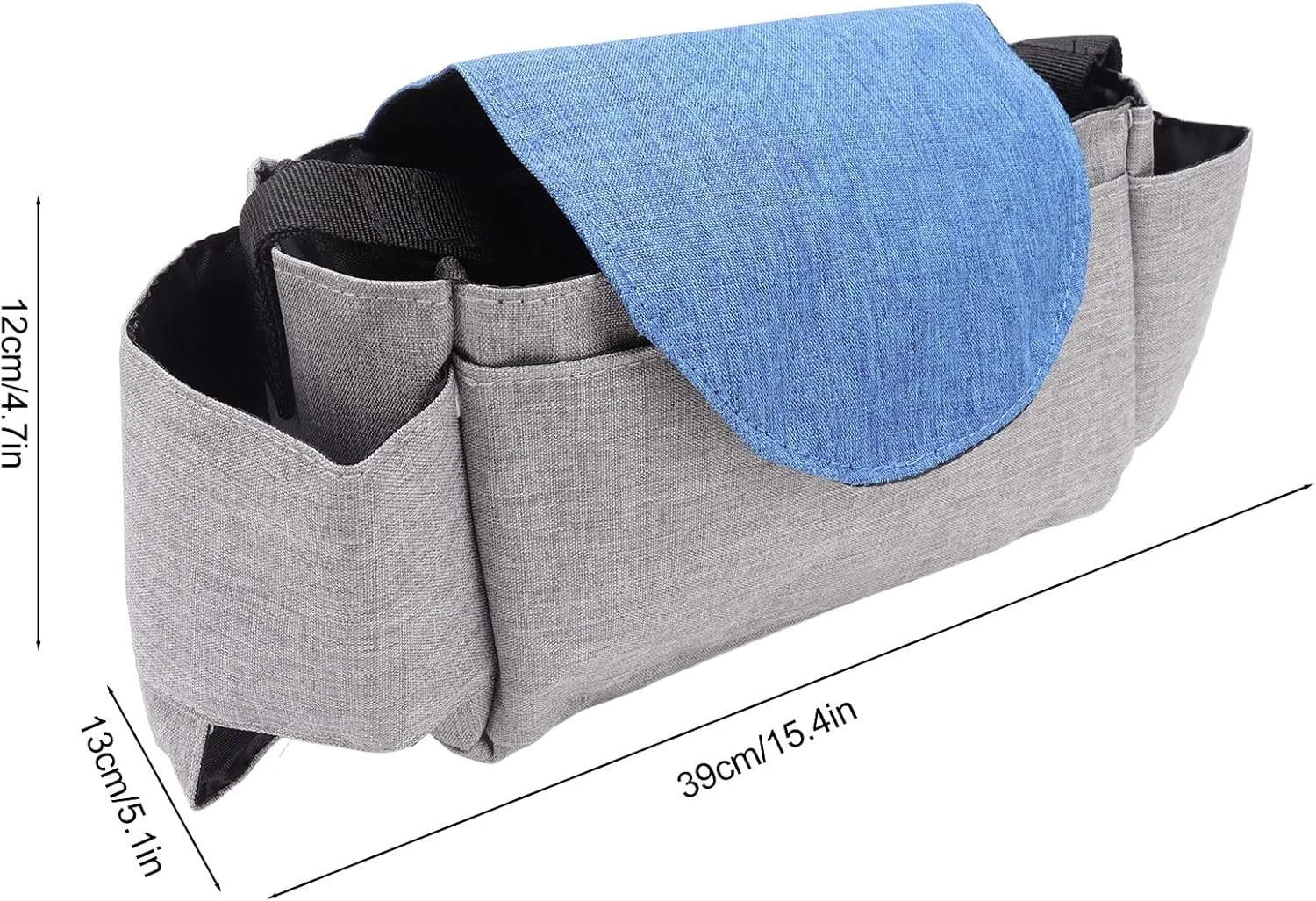 کیف لوازم کودک، کیف آویز کالسکه، کیف لوازم کالسکه کودک با ظرفیت بزرگ، کیف لوازم جانبی کالسکه جهانی، سازمان دهنده کالسکه با 2 جا لیوانی و جیب های زیپ دار متعدد (خاکستری آبی)