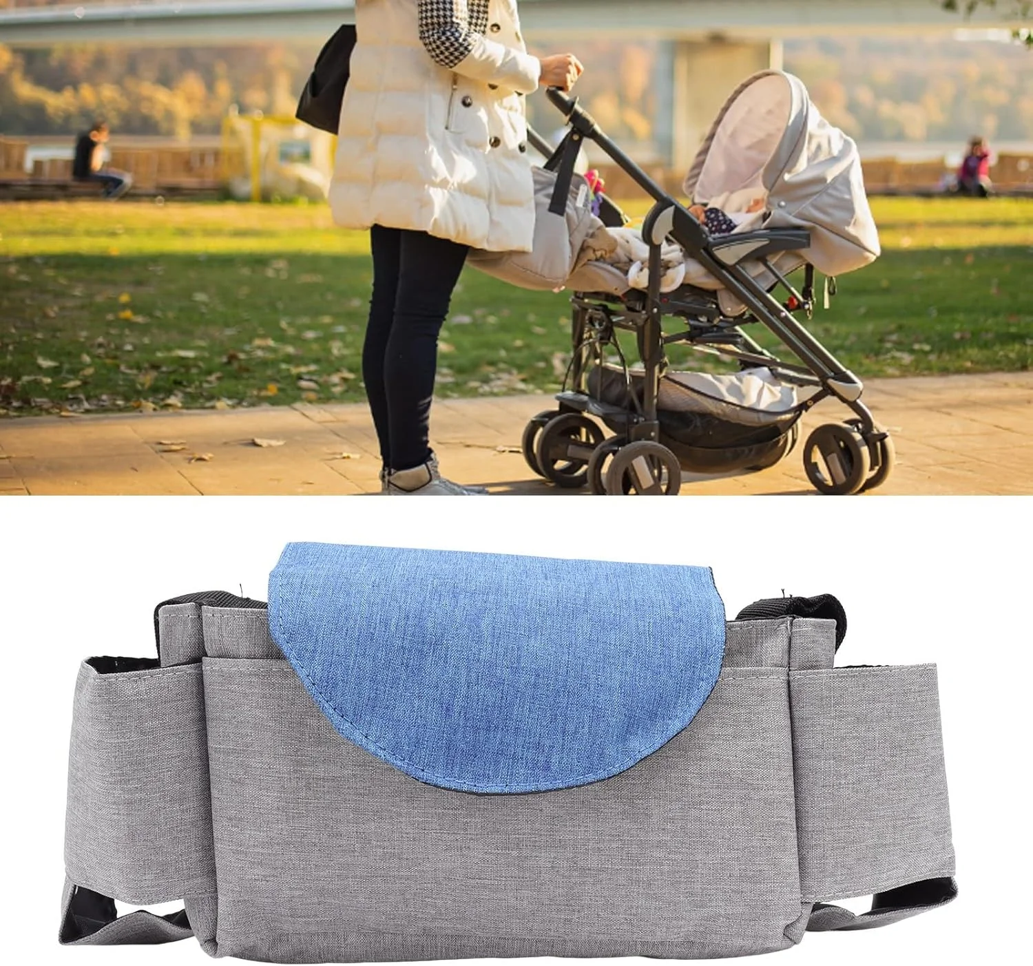 کیف لوازم کودک، کیف آویز کالسکه، کیف لوازم کالسکه کودک با ظرفیت بزرگ، کیف لوازم جانبی کالسکه جهانی، سازمان دهنده کالسکه با 2 جا لیوانی و جیب های زیپ دار متعدد (خاکستری آبی)