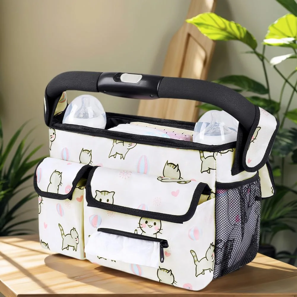 کیف ارگانایزر کالسکه با جا لیوانی عایق و بند شانه (طرح گربه) کیف ارگانایزر کالسکه با جا لیوانی عایق و بند شانه (طرح گربه)